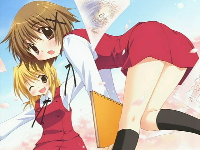 kadoi aya, miyako (hidamari sketch), yuno (hidamari sketch), hidamari sketch, 00s, blonde hair, blush, brown eyes, brown hair, one eye closed, school uniform, short hair, wink, yamabuki high school uniform