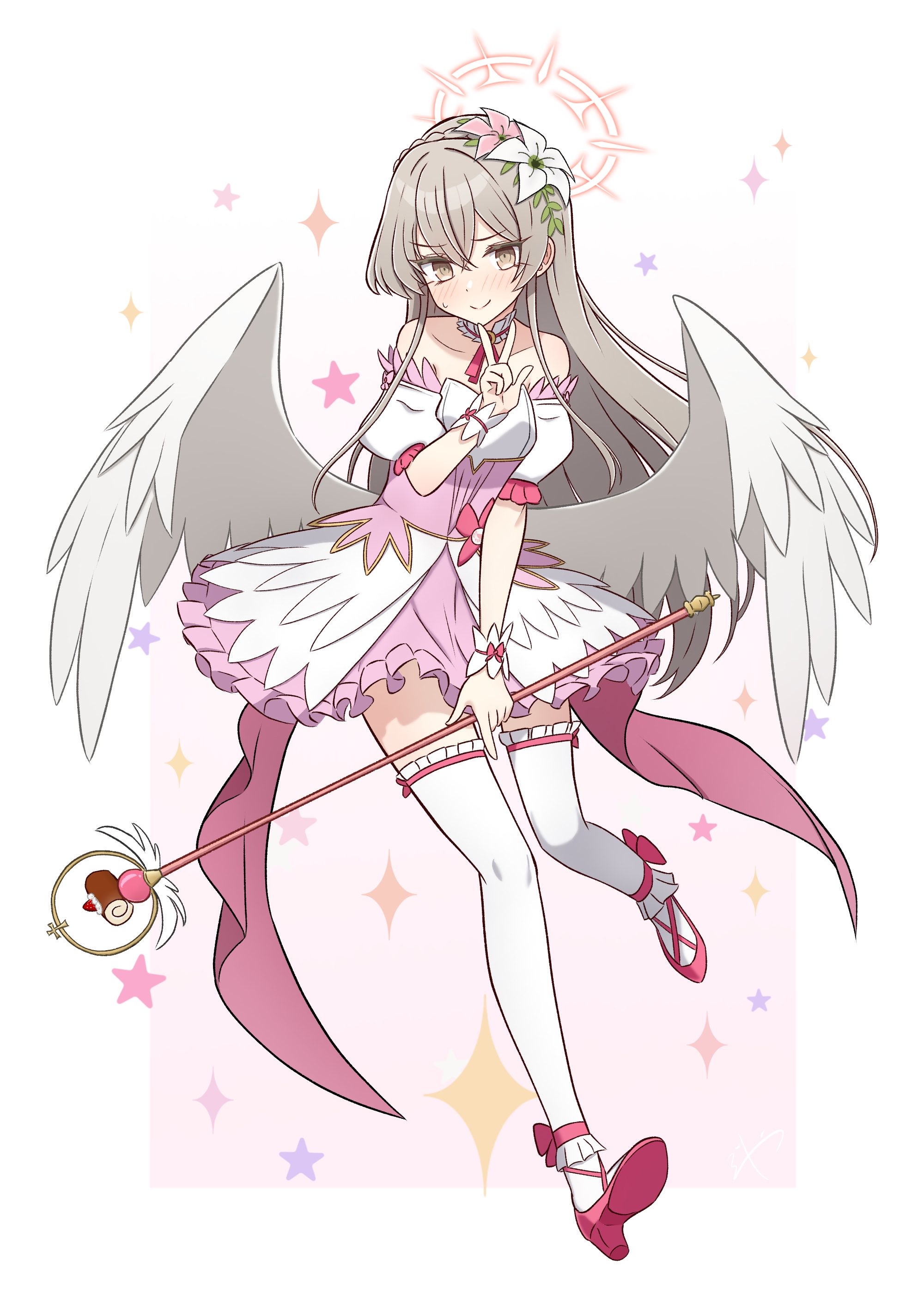 gosyamadaiji, nagisa (blue archive), suzumi (blue archive), suzumi (magical) (blue archive), blue archive, absurdres, commentary, highres, 1girl, angel wings, ballet slippers, bare shoulders, brown hair, bustier, cosplay, detached collar, detached sleeves, dress, feathered wings, flower, frilled dress, frilled skirt, frills, full body, hair flower, hair ornament, halo, holding, holding wand, long hair, looking at viewer, magical girl, skirt, solo, sparkle, star (symbol), suzumi (magical) (blue archive) (cosplay), underbust, very long hair, w, wand, wings, yellow eyes