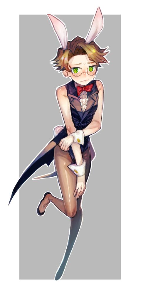 lucky guy, identity v, 1boy, alternate costume, animal ears, black tailcoat, black vest, bow, bowtie, brown hair, covering privates, crossdressing, crossdressing (mtf), frown, fubuaku, full body, glasses, green eyes, hair intakes, knees together feet apart, light blush, looking at viewer, male focus, male playboy bunny, nontraditional playboy bunny, pantyhose, rabbit ears, rabbit tail, red bow, red bowtie, semi-circular eyewear, semi-rimless eyewear, sheer pantyhose, solo, tail, tailcoat, tailcoat playboy bunny, vest, wrist cuffs
