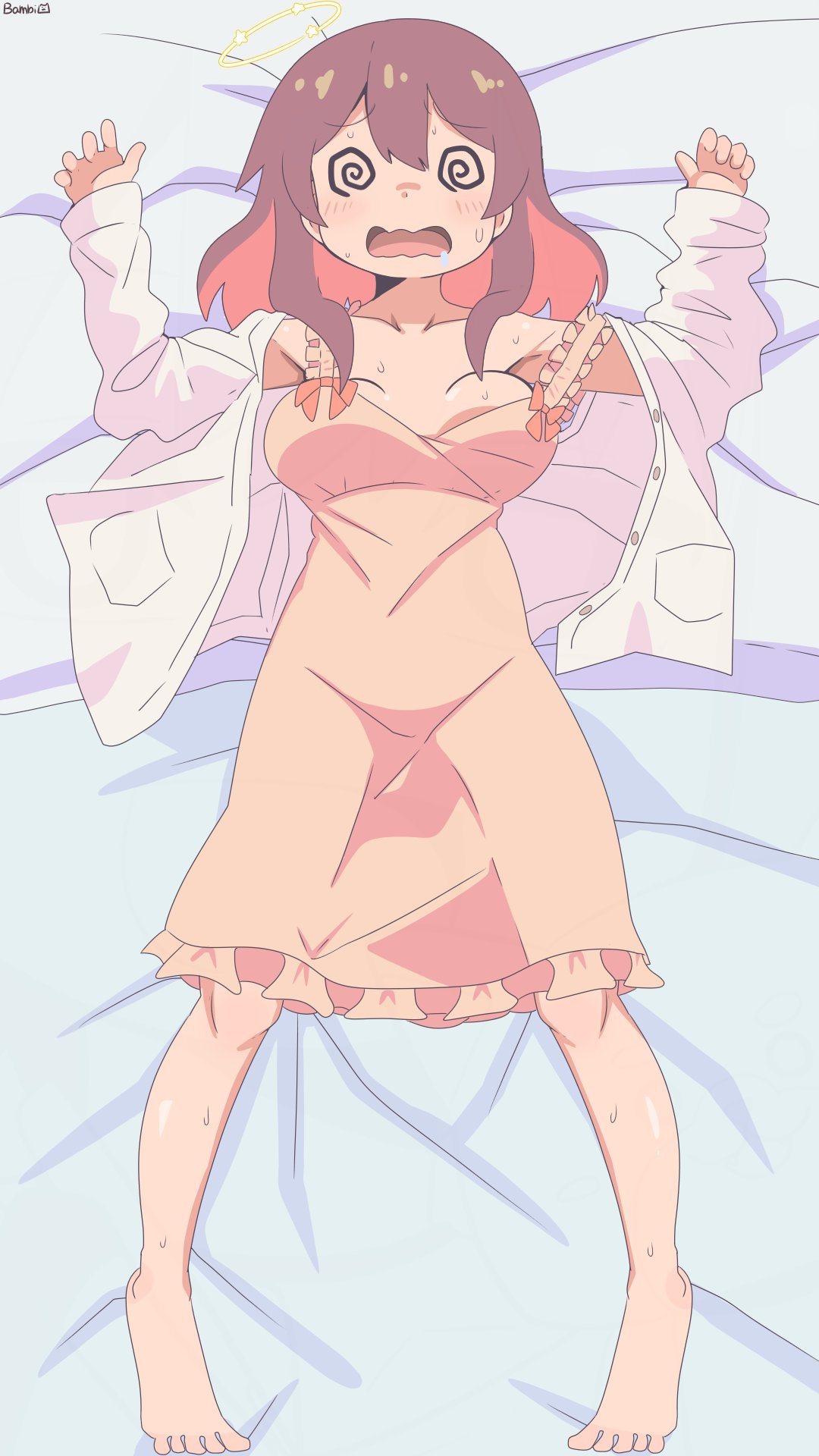 bambi2000line, murosaki miyo, onii-chan wa oshimai!, commentary, highres, 1girl, @ @, artist name, bare legs, barefoot, bed sheet, breasts, brown hair, collarbone, colored inner hair, double-parted bangs, dress, drooling, feet, frilled dress, frills, full body, hair between eyes, hair down, long hair, long sleeves, lying, medium breasts, multicolored hair, on back, pink dress, red hair, shirt, solo, strap slip, sweat, toes, two-tone hair, wavy mouth, white shirt