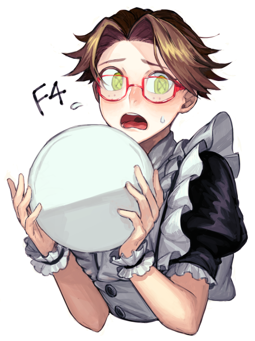 lucky guy, lucky guy (maid outfit), identity v, 1boy, brown hair, cross-shaped pupils, crossdressing, crossdressing (mtf), freckles, frilled sleeves, frilled wrist cuffs, frills, fubuaku, glasses, green eyes, hair intakes, maid, male focus, male maid, open mouth, puffy sleeves, red-framed eyewear, small sweatdrop, solo, symbol-shaped pupils, upper body, wrist cuffs