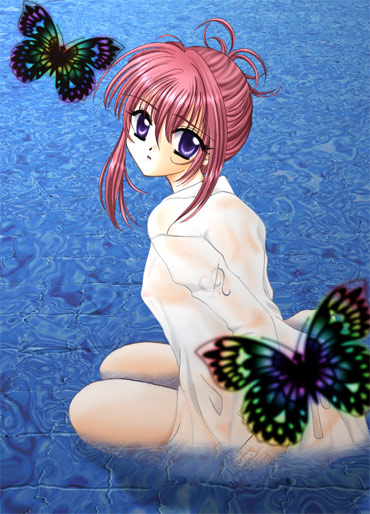 chikage (sister princess), sister princess, 00s, 1girl, bug, butterfly, female focus, naked shirt, purple hair, see-through clothes, shirt, solo, wet, wet clothes, white shirt
