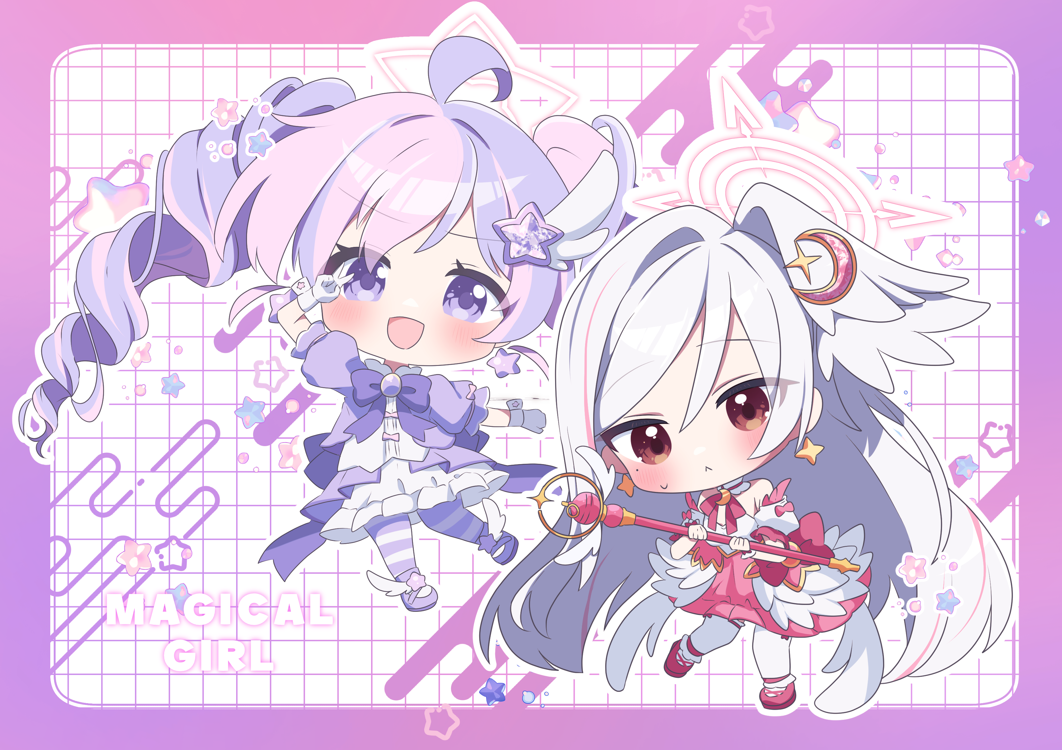 shiroe (4ra su4), reisa (blue archive), reisa (magical) (blue archive), suzumi (blue archive), suzumi (magical) (blue archive), blue archive, absurdres, commentary request, highres, 2girls, :<, ahoge, border, bow, bustier, chibi, chibi only, detached collar, detached sleeves, dress, drill hair, egasumi, fake wings, frilled dress, frills, gradient border, hair between eyes, hair ornament, halo, head wings, loafers, long hair, looking at viewer, magical girl, multicolored hair, multiple girls, pink border, pink dress, pink hair, puffy sleeves, purple border, purple bow, purple eyes, purple hair, purple thighhighs, red eyes, shoes, single hair intake, single head wing, star (symbol), star hair ornament, striped clothes, striped thighhighs, thighhighs, twintails, two-tone hair, v, very long hair, white hair, winged shoes, wings