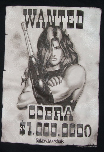 terasawa buichi, cobra (space adventure cobra), psychogun, space adventure cobra, 1boy, arm cannon, long hair, male focus, solo, wanted poster, weapon