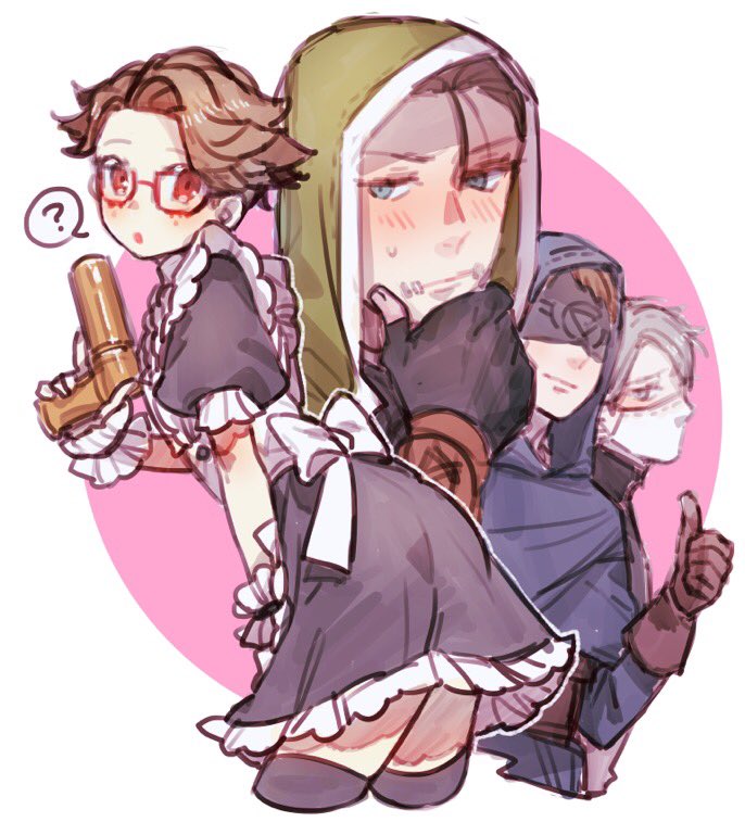 aesop carl, eli clark, lucky guy, lucky guy (maid outfit), naib subedar, identity v, 4boys, :o, ?, arched back, back bow, black dress, black gloves, black thighhighs, blindfold, bow, brown gloves, brown hair, cowboy shot, crossdressing, crossdressing (mtf), dress, fingerless gloves, flare gun, freckles, frilled dress, frilled wrist cuffs, frills, fubuaku, furrowed brow, glasses, gloves, green hood, grey hair, hair slicked back, hand on own face, high collar, hood, hood up, light blush, looking at another, looking at viewer, maid, male focus, male maid, mask, mouth mask, multiple boys, official alternate costume, pale skin, puffy sleeves, red-framed eyewear, red eyes, single hair intake, small sweatdrop, stitched mouth, stitches, thighhighs, thumbs up, white bow, wrist cuffs, zettai ryouiki