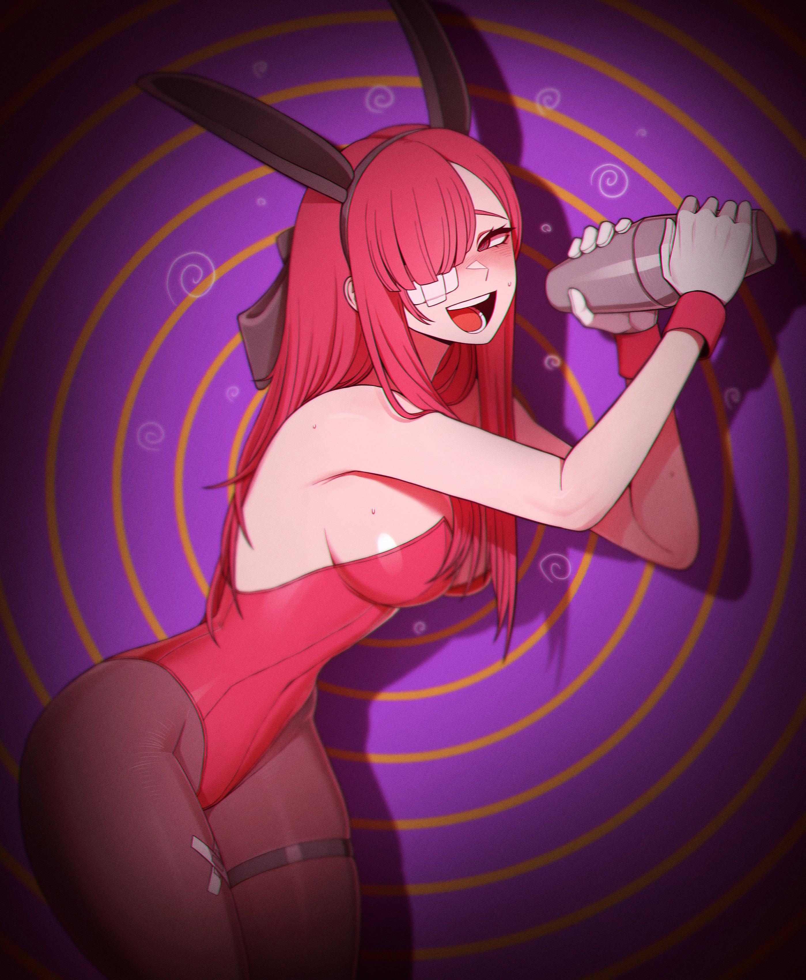 misg1111, yuri (project moon), limbus company, project moon, absurdres, highres, 1girl, :d, animal ear hairband, animal ears, bare shoulders, black bow, black hairband, black pantyhose, blush, bow, breasts, cocktail shaker, cowboy shot, drunk, fake animal ears, gauze, gauze over eye, gloves, hair bow, hairband, highleg, highleg leotard, holding cocktail shaker, large breasts, leaning forward, leotard, long hair, looking at viewer, open mouth, pantyhose, pink eyes, pink hair, pink leotard, playboy bunny, purple background, rabbit ears, shadow, smile, solo, sweatdrop, swirl, thigh strap, white gloves