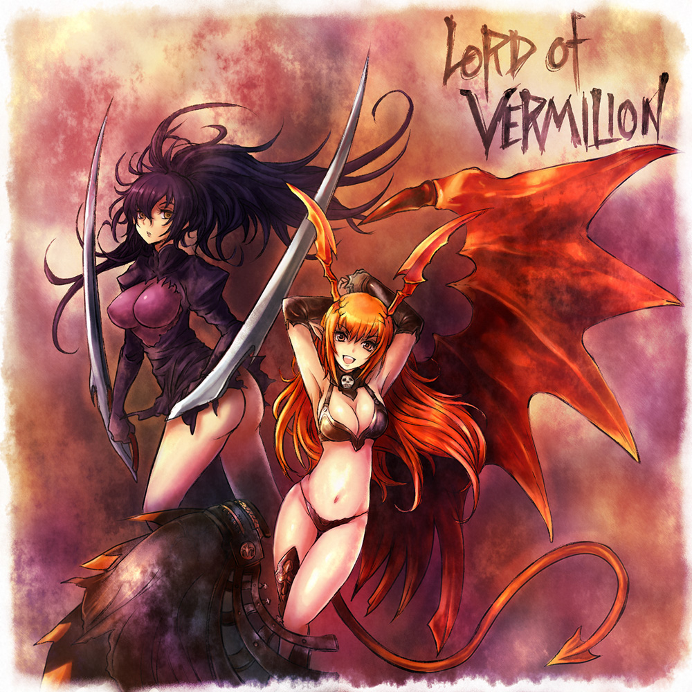 kara (color), succubus (lord of vermilion), lord of vermilion, lord of vermillion, blade, character request, 2girls, armpits, arms up, ass, breasts, cleavage, demon girl, dual wielding, elbow gloves, fantasy, gloves, head wings, holding, horns, large breasts, long hair, monster girl, multiple girls, orange eyes, pointy ears, purple hair, tail, weapon, wings, yellow eyes