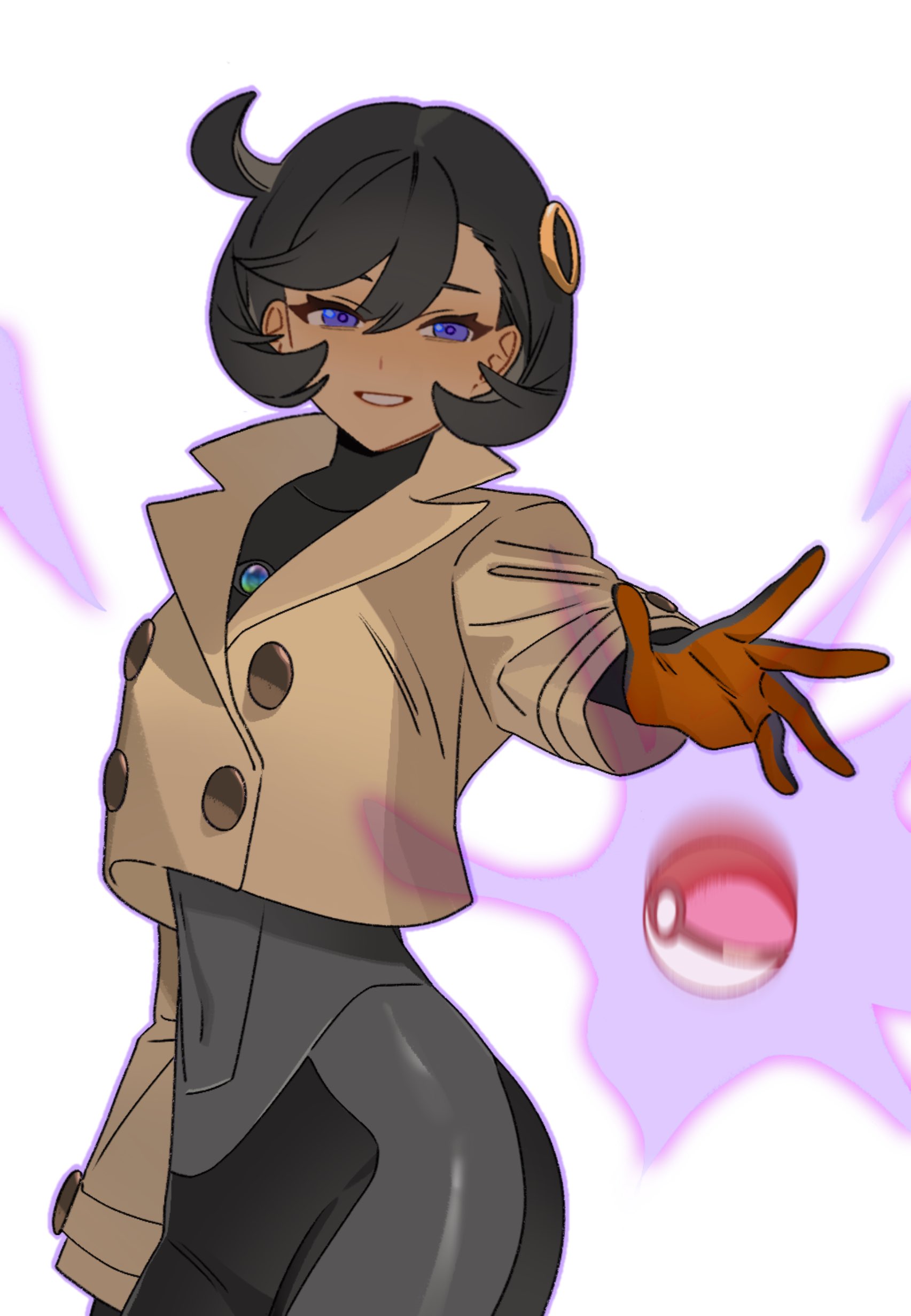 dr metagross, emma (pokemon), nintendo, pokemon, pokemon legends: z-a, absurdres, highres, 1girl, ass, black bodysuit, black hair, bodysuit, bodysuit under clothes, brown jacket, dark-skinned female, dark skin, jacket, looking at viewer, poke ball, purple eyes, short hair, simple background, smile, solo