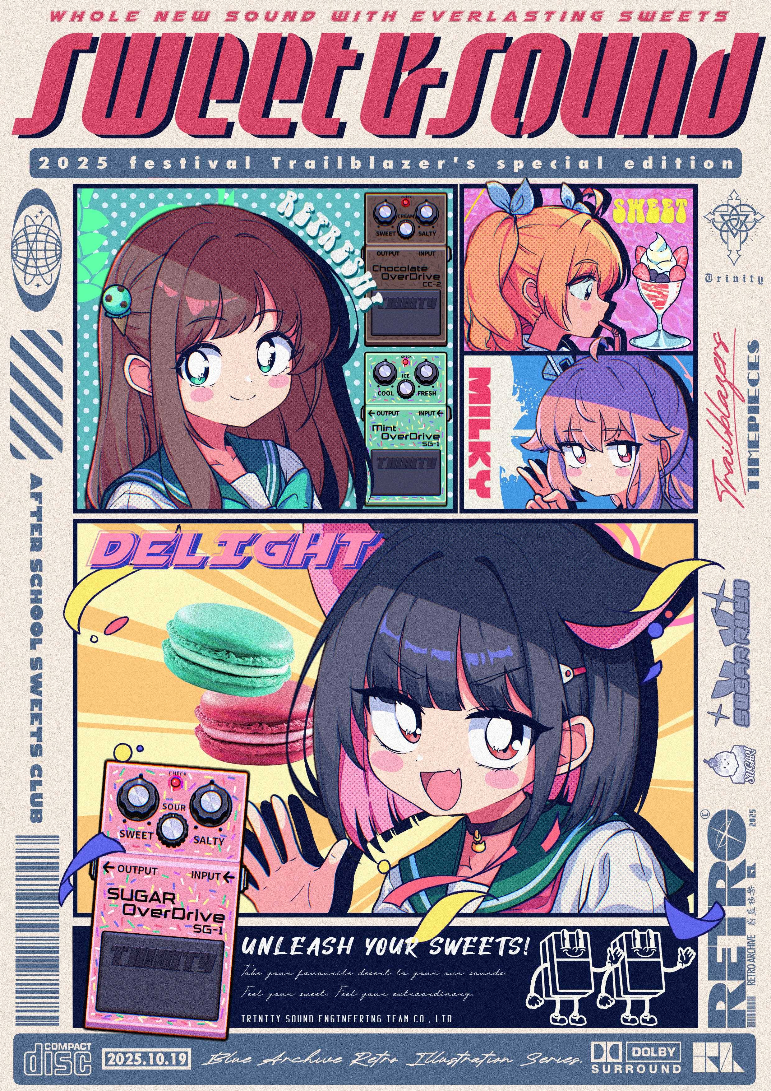 hrna, airi (blue archive), kazusa (blue archive), natsu (blue archive), yoshimi (blue archive), blue archive, dolby, 1980s (style), absurdres, highres, 4girls, after-school sweets club (blue archive), ahoge, animal ears, barcode, black hair, blonde hair, blush stickers, brown hair, cat ears, closed mouth, collarbone, colored inner hair, dated, drinking straw, extra ears, fang, food, green eyes, hair ornament, hairclip, long hair, looking at viewer, macaron, medium hair, multicolored hair, multiple girls, oldschool, open mouth, parfait, photo inset, pink hair, red eyes, retro artstyle, skin fang, trinity general school logo, twintails, two-tone hair, v, waving