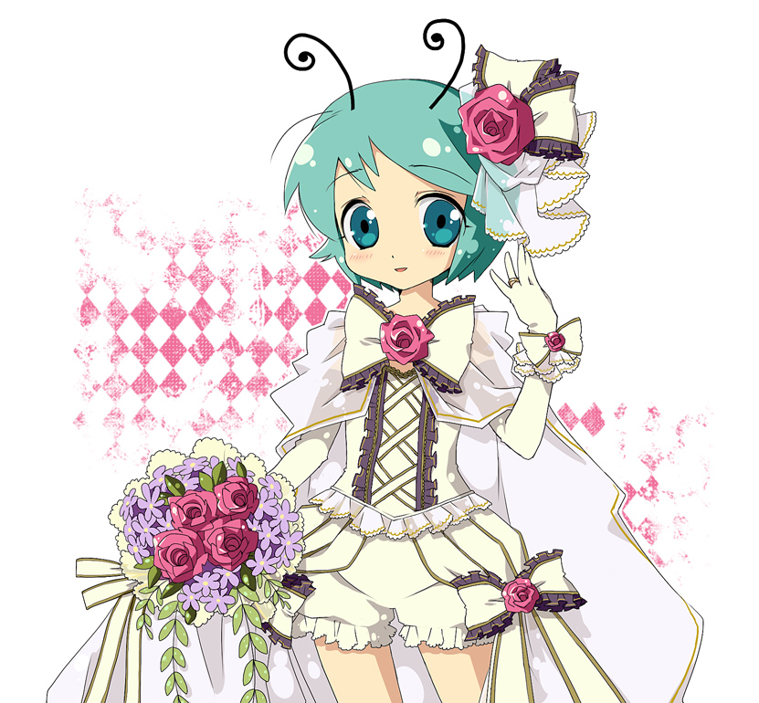 sokomushi, wriggle nightbug, touhou, bad id, bad pixiv id, 1girl, antennae, bride, dress, female focus, flower, green eyes, green hair, matching hair/eyes, solo, wedding dress