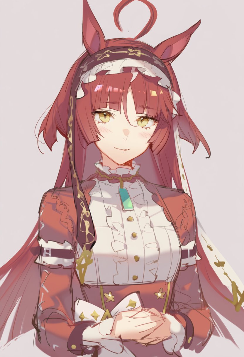 kisaragi shokuin, umamusume, highres, 1girl, ahoge, animal ears, blunt bangs, blush, grey background, horse ears, horse girl, long hair, looking at viewer, parted bangs, red desire (umamusume), red hair, simple background, sketch, slit pupils, smile, solo, upper body, yellow eyes