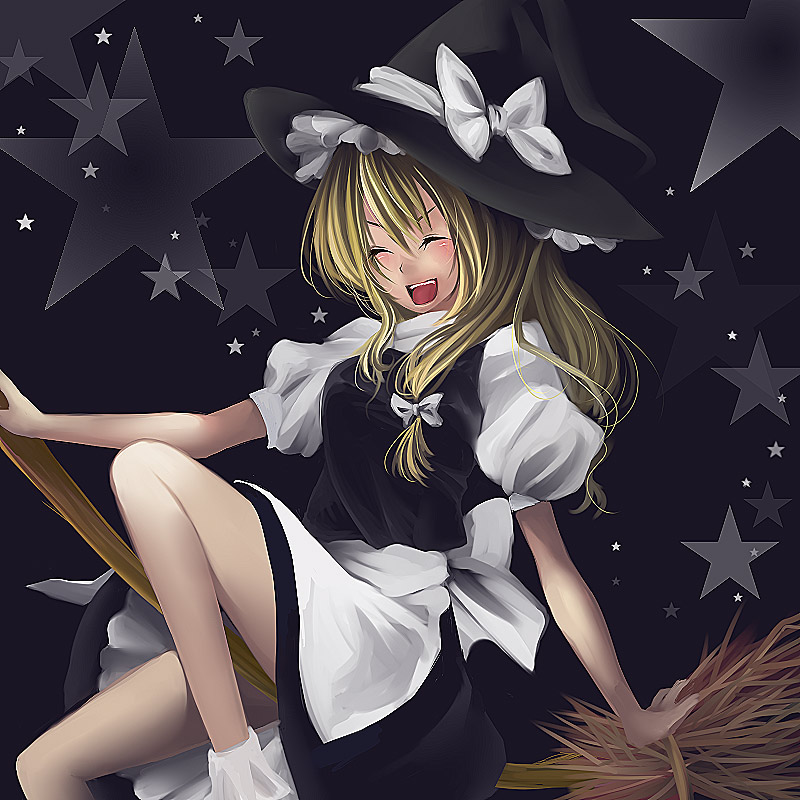 tepengu, kirisame marisa, touhou, 1girl, blonde hair, broom, closed eyes, female focus, hat, solo, star (symbol), witch, witch hat