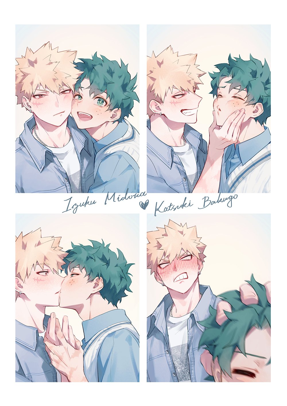 lycik 98, bakugou katsuki, midoriya izuku, boku no hero academia, commentary, highres, symbol-only commentary, 2boys, alternate costume, blonde hair, blush, border, character name, closed eyes, closed mouth, earrings, embarrassed, freckles, french kiss, green eyes, green hair, heart, jacket, jewelry, kiss, light blush, male focus, multiple boys, necklace, open clothes, open jacket, red eyes, scar, scar on face, shirt, smile, spiked hair, teeth, white border, white shirt, yaoi