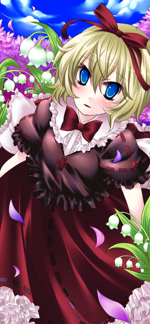 tepengu, medicine melancholy, touhou, long image, tall image, 1girl, blonde hair, blue eyes, cloud, female focus, flower, outdoors, plant, ribbon, sky, solo, standing