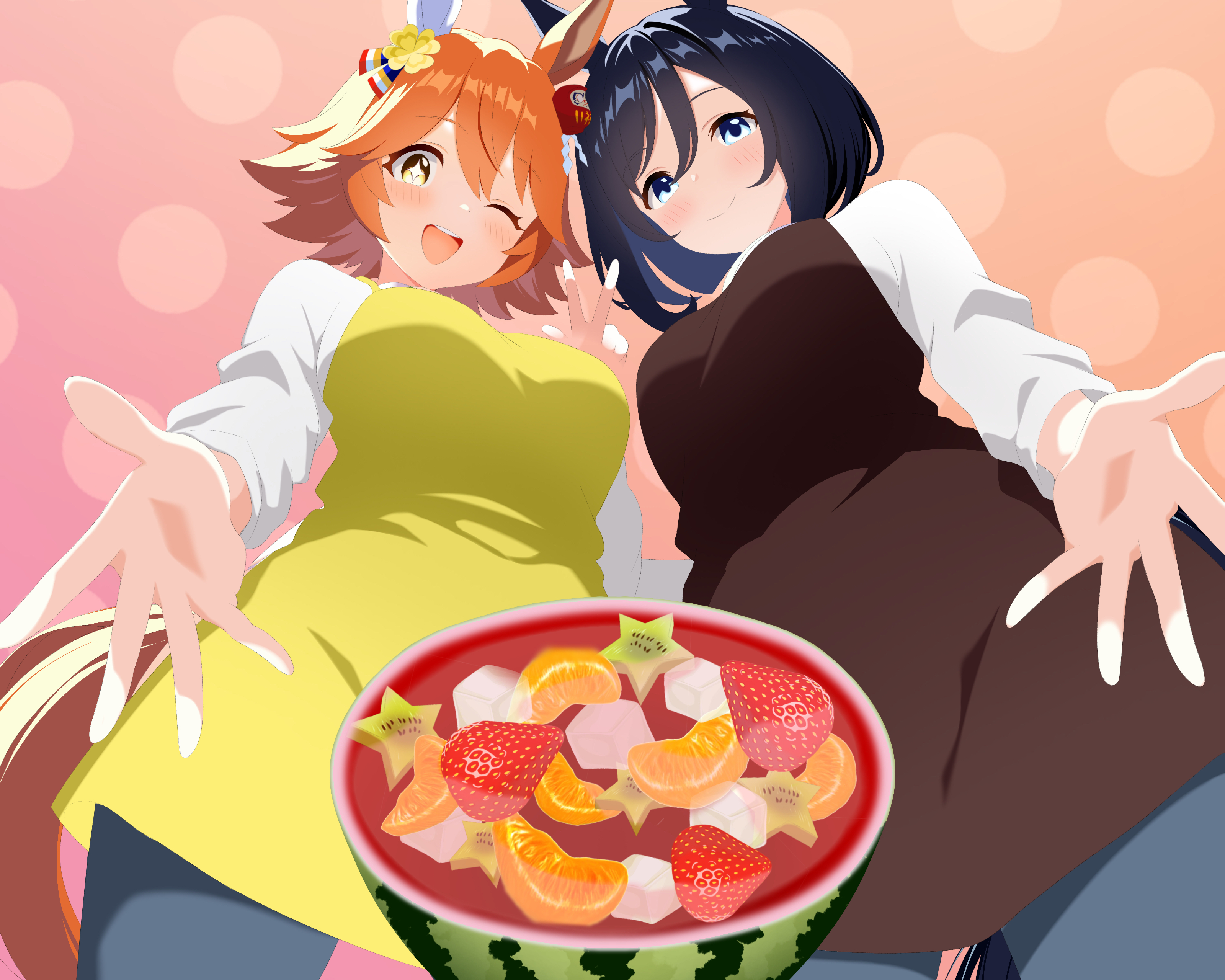 r1on 22, eishin flash (umamusume), matikanefukukitaru (umamusume), umamusume, absurdres, commentary request, highres, + +, 2girls, animal ears, apron, blush, bowl, brown apron, closed mouth, clover hair ornament, cowboy shot, daruma doll, flipped hair, food, four-leaf clover hair ornament, fruit, hair ornament, horse ears, horse girl, horse tail, long sleeves, multiple girls, one eye closed, open mouth, orange eyes, orange hair, pants, presenting, short hair, smile, tail, w, watermelon, yellow apron