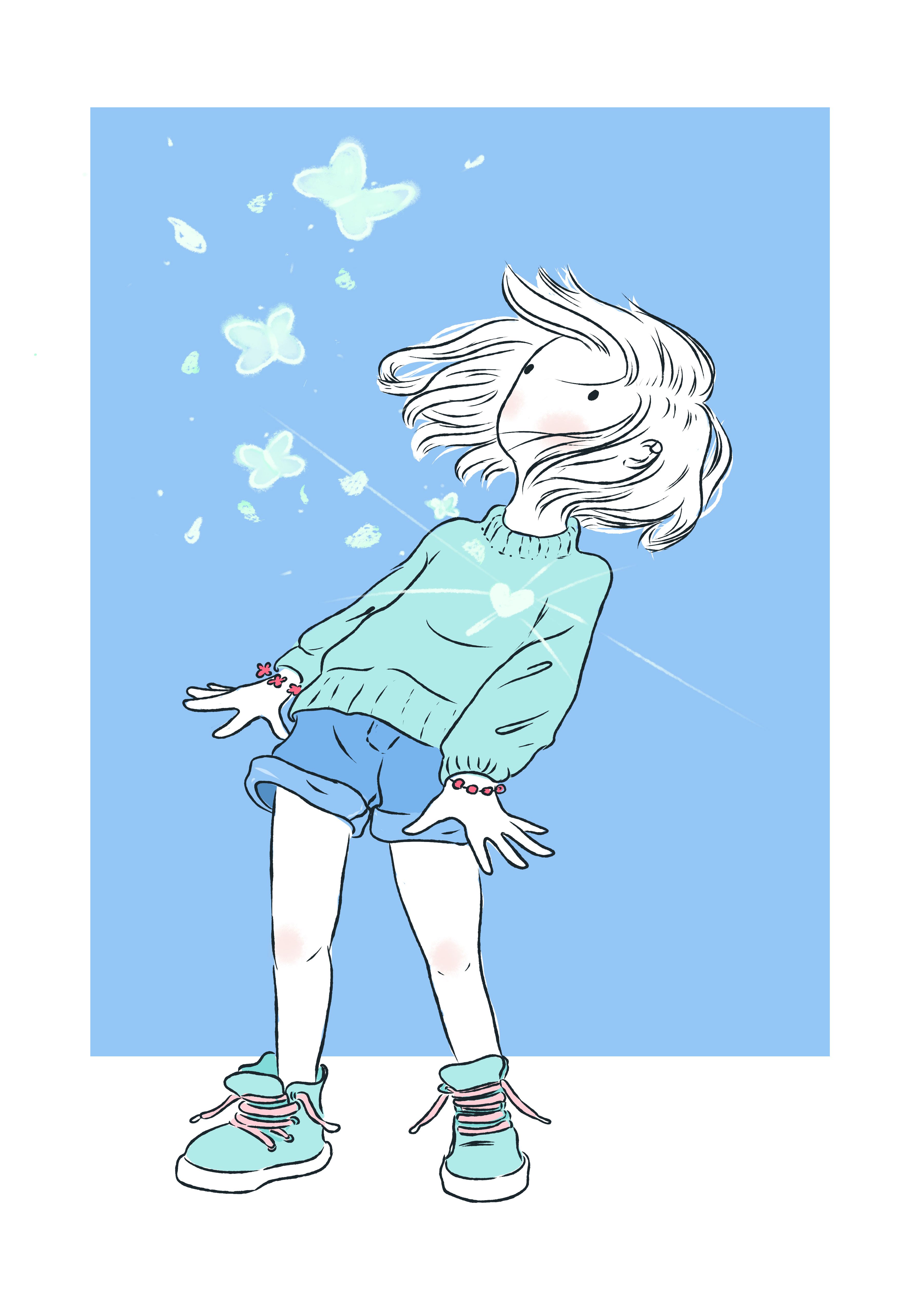 cherry (cherryhyperion), original, absurdres, highres, 1girl, aqua shoes, aqua sweater, blue background, blue shorts, bracelet, bug, butterfly, full body, heart, insect, jewelry, long sleeves, medium hair, outside border, shoes, shorts, solo, standing, sweater