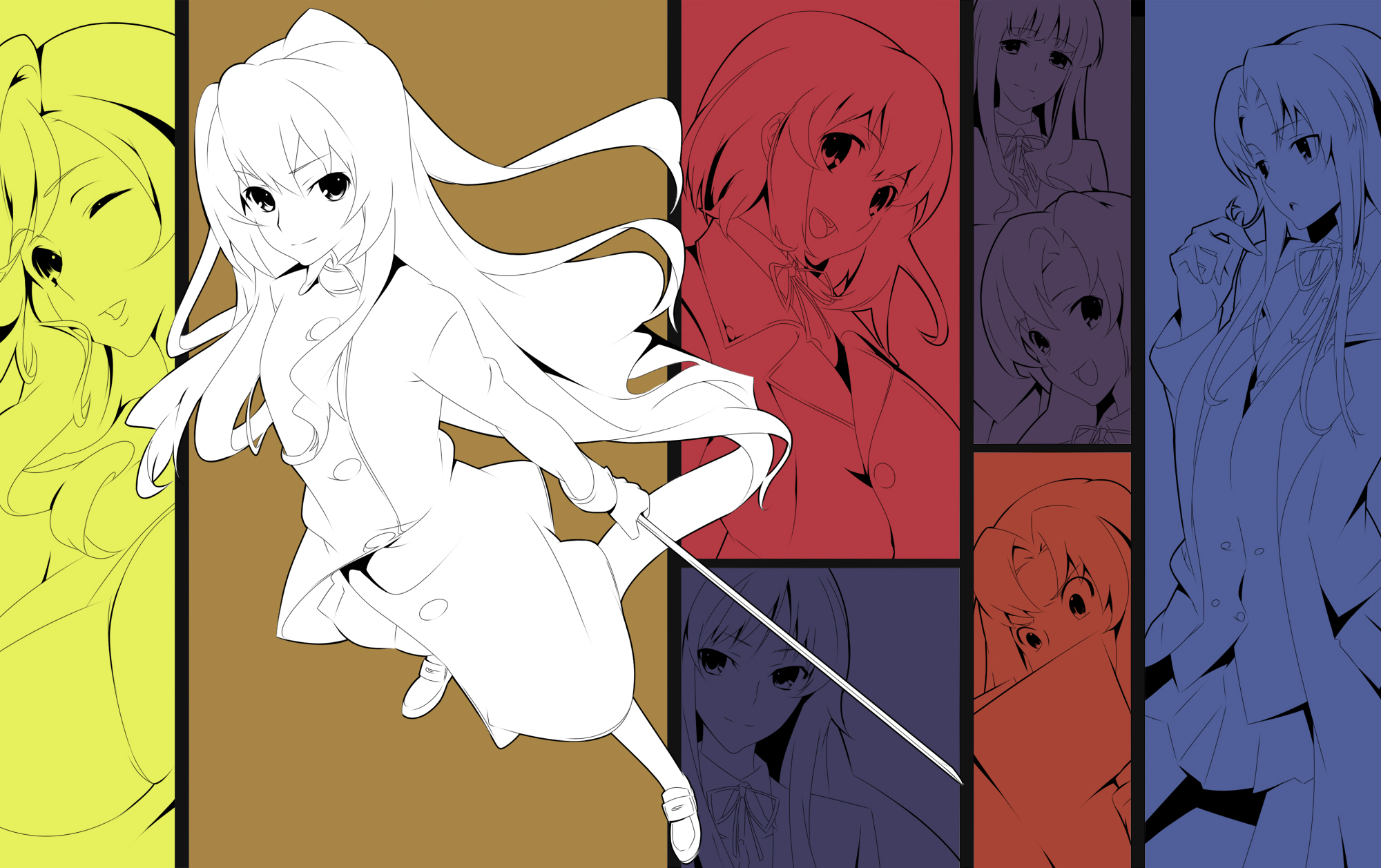 nanao (mahaya), aisaka taiga, kanou sumire, kashii nanako, kawashima ami, kihara maya, koigakubo yuri, kushieda minori, takasu yasuko, toradora!, bad id, bad pixiv id, highres, 00s, 6+girls, bokken, coat, multiple girls, school uniform, sword, weapon, wooden sword