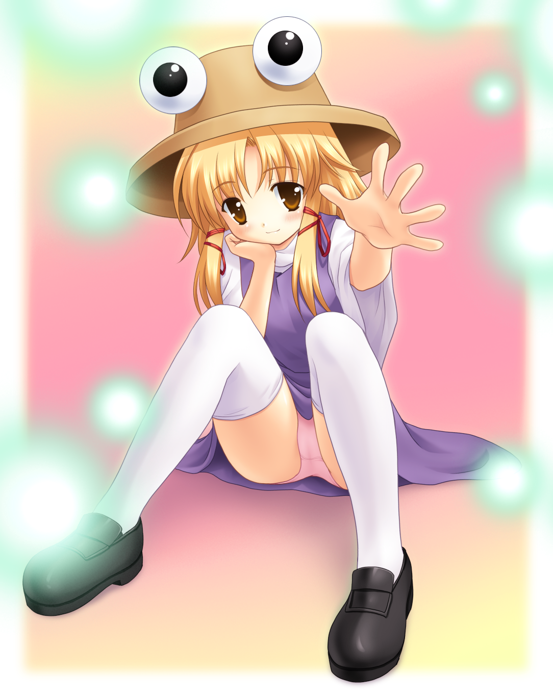 yamasan, moriya suwako, touhou, highres, 1girl, blonde hair, dress, female focus, full body, gradient background, hair ribbon, hat, panties, pantyshot, pink panties, ribbon, sitting, solo, thighhighs, underwear, white thighhighs