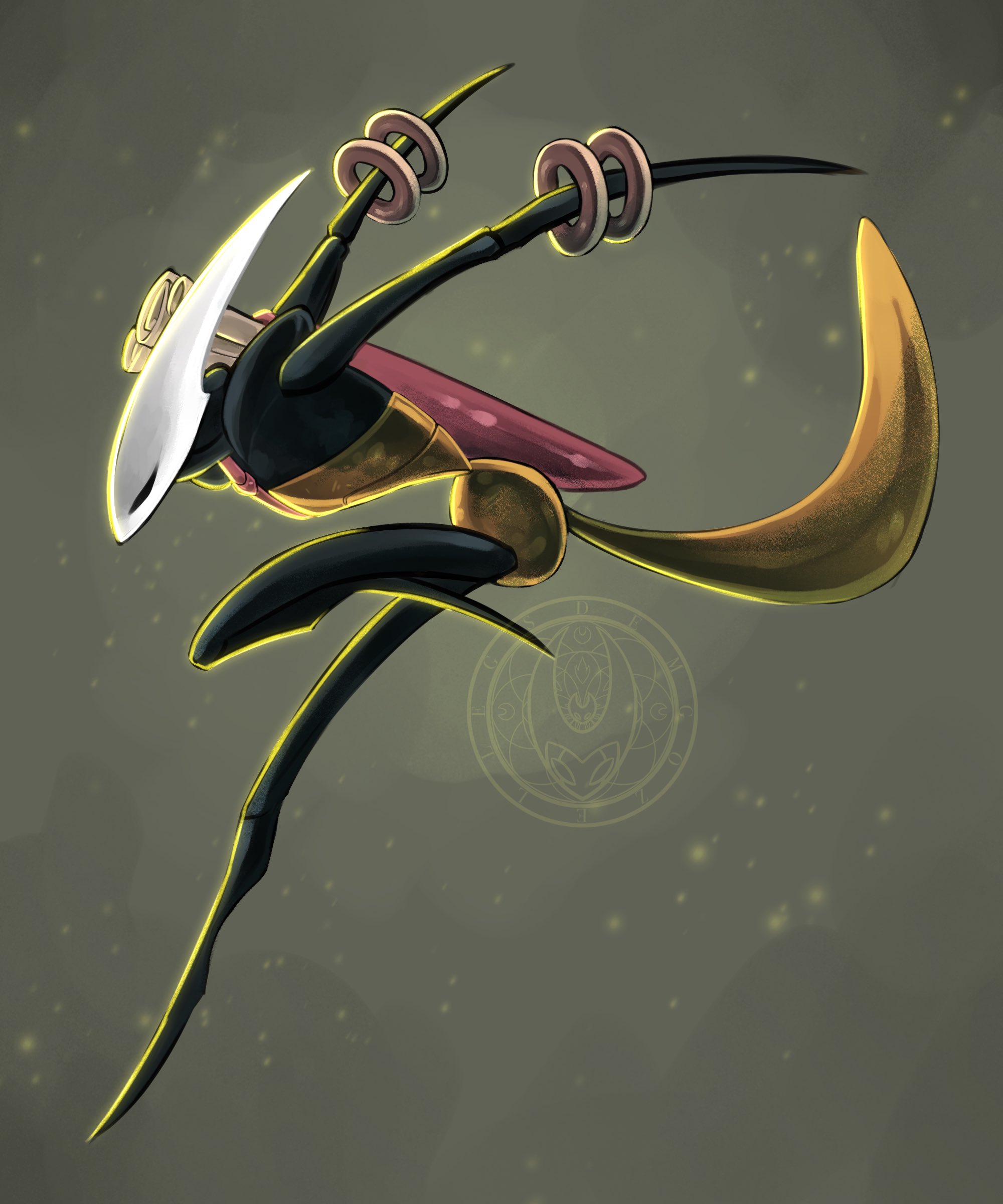shakra (hollow knight), hollow knight, hollow knight: silksong, absurdres, commentary, english commentary, highres, 1girl, arthropod girl, bag, black eyes, black skin, colored skin, demgozellegs, green background, holding, holding bag, map (object), solo