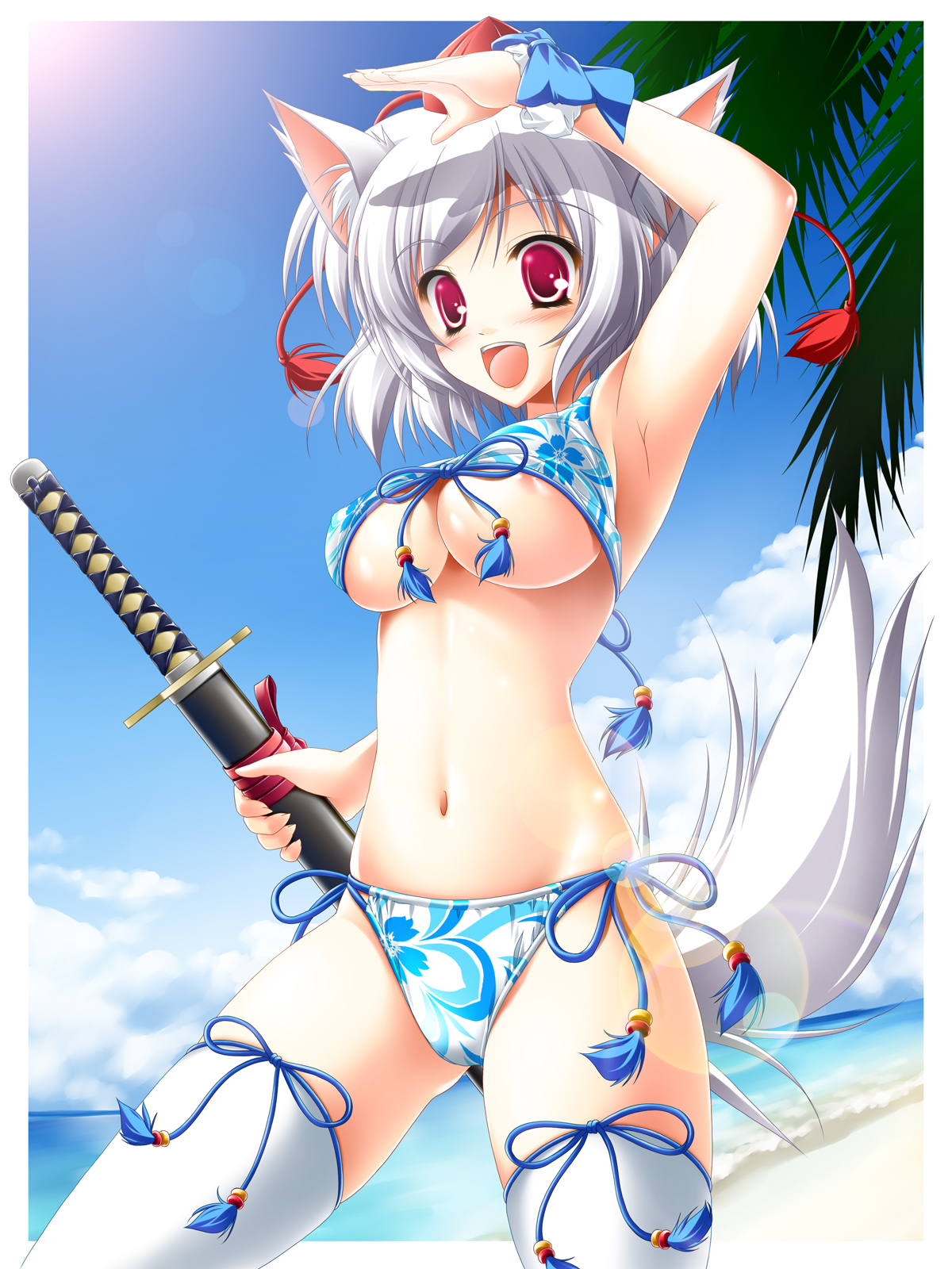 kamiya tomoe, inubashiri momiji, touhou, highres, 1girl, animal ears, areola slip, armpits, ayastyle, beach, bikini, blush, breasts, cloud, day, female focus, floral print, front-tie top, hat, katana, large breasts, lens flare, navel, outdoors, red eyes, ribbon, shading eyes, sheath, sheathed, side-tie bikini bottom, sky, solo, swimsuit, sword, tail, tassel, thighhighs, tokin hat, underboob, wardrobe error, weapon, white hair, white thighhighs, wolf ears, wolf tail, wrist cuffs
