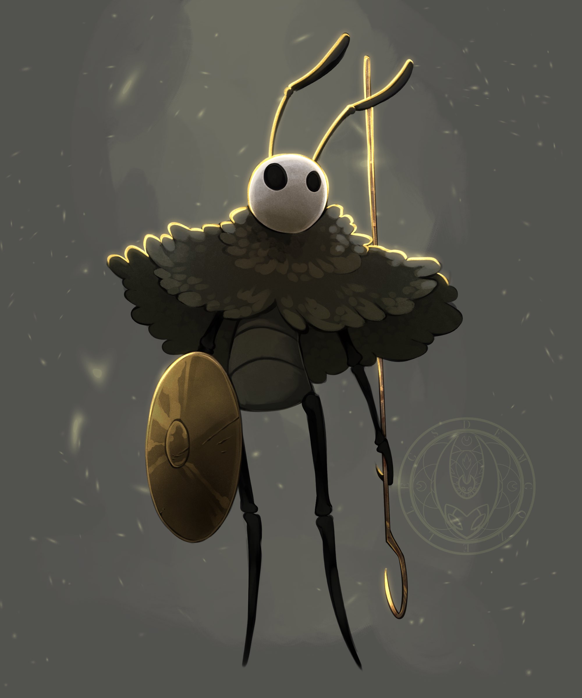 hollow knight, hollow knight: silksong, absurdres, commentary, english commentary, highres, 1boy, antennae, arthropod boy, black eyes, demgozellegs, full body, grey background, grey cloak, holding, holding shield, male focus, pin (hollow knight), seth (hollow knight), shield, solo, standing