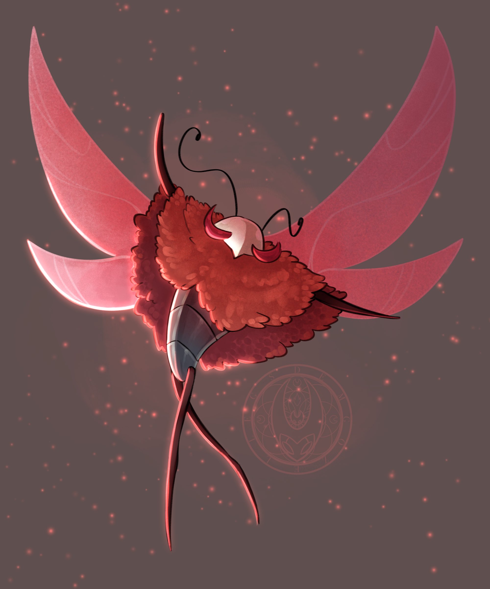 trobbio (hollow knight), hollow knight, hollow knight: silksong, absurdres, commentary, english commentary, highres, 1boy, antennae, arthropod boy, cloak, demgozellegs, full body, male focus, outstretched arms, red background, red cloak, red eyes, red wings, solo, standing, wings