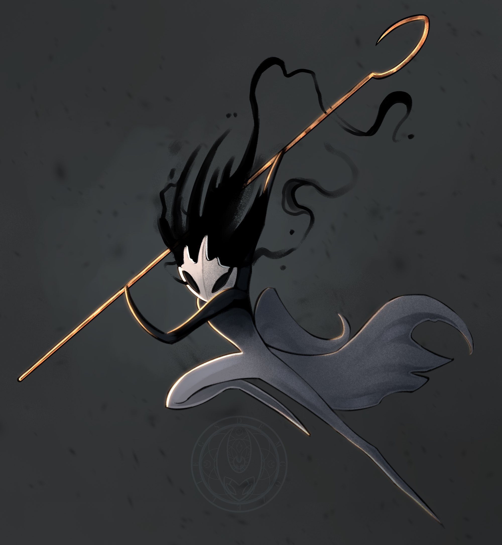 phantom (hollow knight), hollow knight, hollow knight: silksong, commentary, english commentary, highres, 1other, black eyes, demgozellegs, grey background, holding, holding weapon, other focus, pin (hollow knight), standing, weapon, white mask