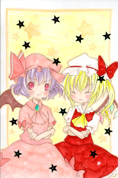 emo (artist), emo (mikan), flandre scarlet, remilia scarlet, touhou, bad id, bad pixiv id, traditional media, 2girls, female focus, multiple girls, siblings, sisters