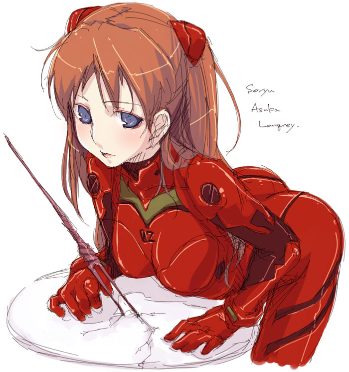 kyo (kuroichigo), souryuu asuka langley, neon genesis evangelion, 1girl, arched back, arm support, ass, bent over, bident, blue eyes, blush, bodysuit, bracer, breasts, brown hair, character name, closed mouth, cowboy shot, crack, cropped legs, expressionless, eyeshadow, female focus, from side, gloves, headgear, huge ass, lance of longinus (evangelion), lips, long hair, looking at viewer, makeup, mecha pilot suit, medium breasts, parted bangs, pink lips, planted, plugsuit (evangelion), polearm, shadow, simple background, sketch, skin tight, solo, table, turtleneck, weapon, white background, wide hips