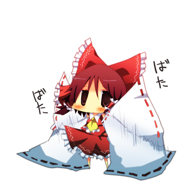 pasutel, hakurei reimu, touhou, bad id, bad pixiv id, 1girl, :o, bow, brown eyes, brown hair, chibi, detached sleeves, female focus, flapping, japanese clothes, jitome, miko, short hair, sleeves past wrists, solo, wide sleeves