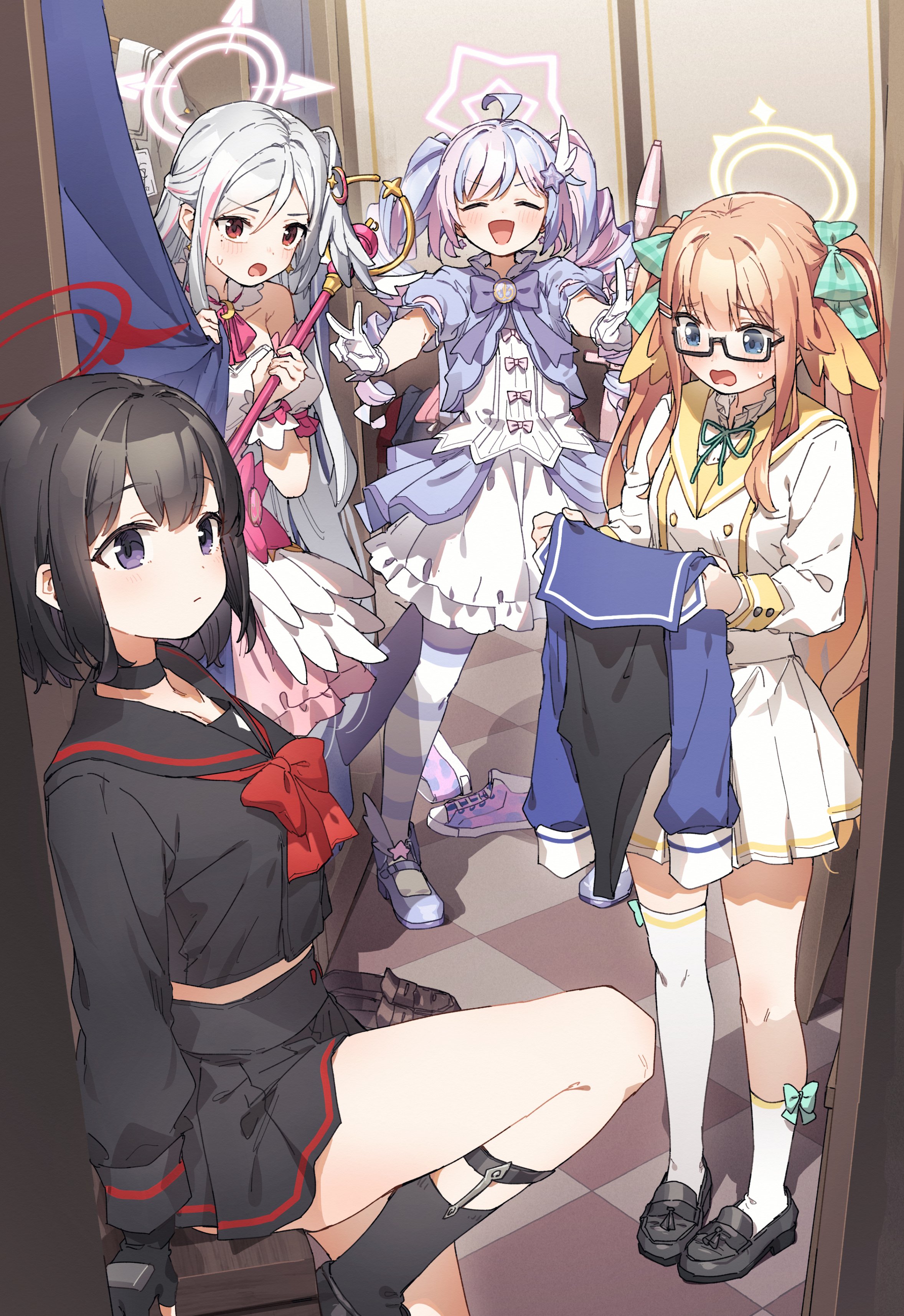 yukie (kusaka shi), mashiro (blue archive), reisa (blue archive), reisa (magical) (blue archive), shimiko (blue archive), shimiko (magical) (blue archive), suzumi (blue archive), suzumi (magical) (blue archive), blue archive, absurdres, highres, 4girls, :d, ^ ^, black-framed eyewear, black choker, black hair, black serafuku, black shoes, black skirt, blue eyes, blue hair, blush, choker, closed eyes, double v, gloves, halo, loafers, long hair, multicolored hair, multiple girls, open mouth, orange hair, pink hair, pink halo, purple eyes, red eyes, red halo, school uniform, serafuku, shoes, short hair, skirt, smile, socks, standing, thighs, two-tone hair, v, white gloves, white halo, white socks, yellow halo