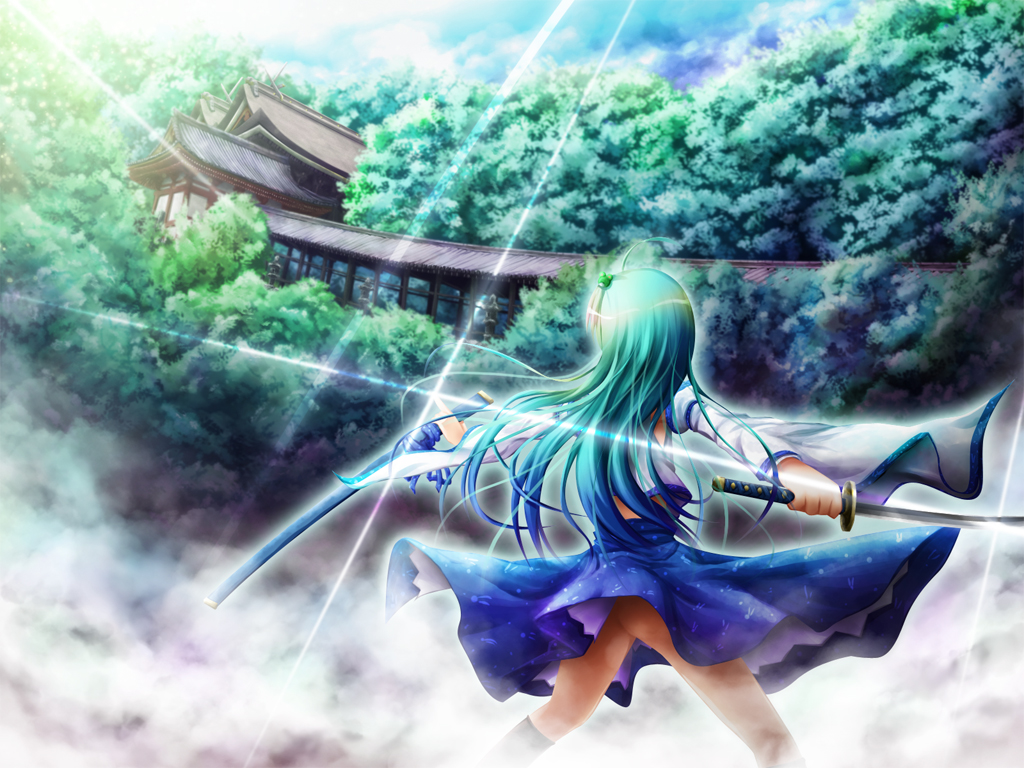 akashio (loli ace), kochiya sanae, touhou, bad id, bad pixiv id, 1girl, architecture, dual wielding, east asian architecture, female focus, forest, green hair, holding, nature, no panties, scenery, sheath, shrine, solo, sword, weapon