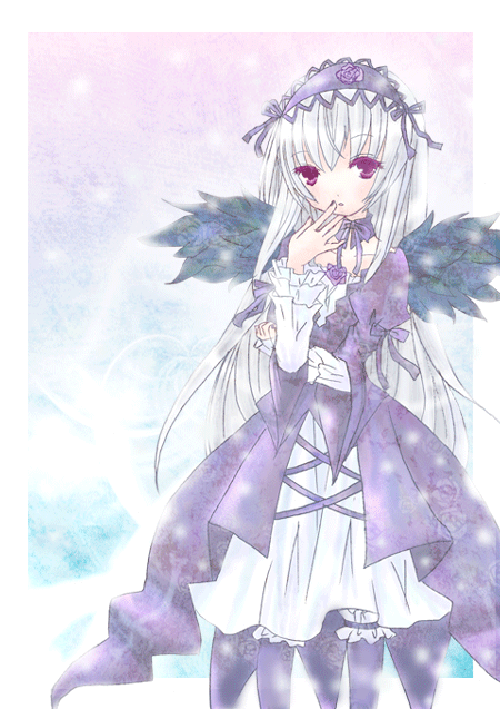 emo (artist), emo (mikan), suigintou, rozen maiden, silver hair, bad id, bad pixiv id, 00s, dress, hairband, long hair, solo, wings