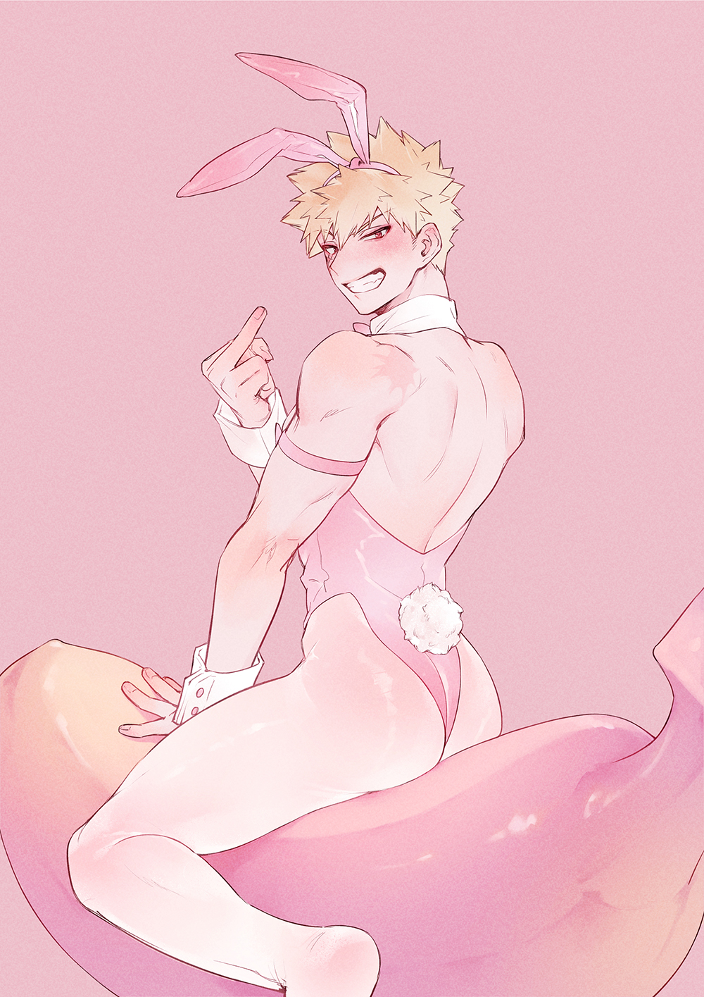 lycik 98, bakugou katsuki, boku no hero academia, highres, protected link, 1boy, animal ears, ass, back, blonde hair, blush, crossdressing, crossdressing (mtf), detached collar, fake animal ears, grin, leotard, male focus, male playboy bunny, middle finger, pantyhose, rabbit ears, rabbit tail, red eyes, scar, see-through pantyhose, short hair, smile, solo, spiked hair, strapless, strapless leotard, tail, teeth, thighs, white pantyhose, wrist cuffs