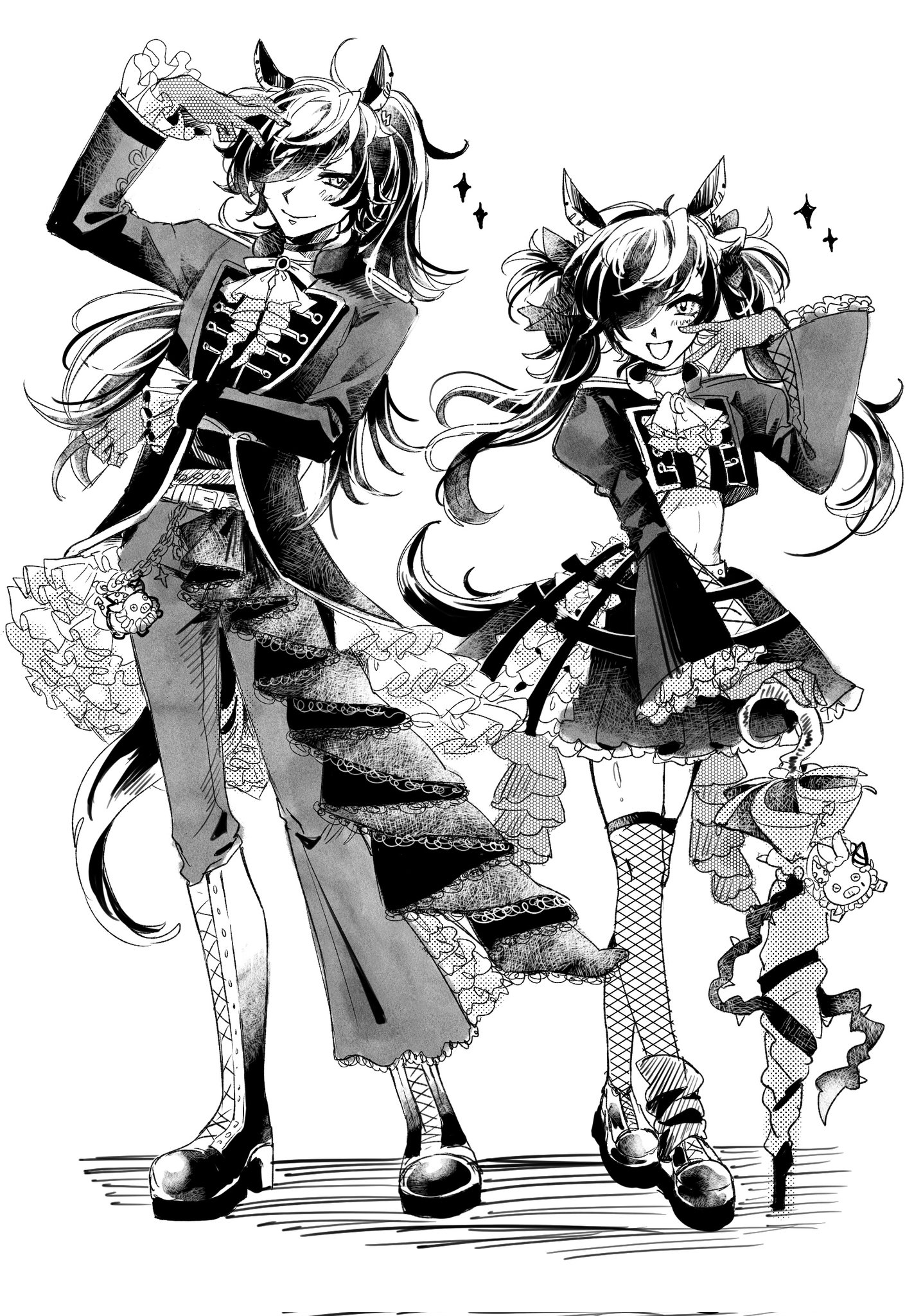 aimono jyushi, hypnosis mic, umamusume, commentary request, highres, 1boy, 1girl, :d, alternate costume, animal ear piercing, animal ears, arm up, ascot, asymmetrical pants, bell-bottoms, belt, blush, boots, bow, charm (object), choker, closed umbrella, crinoline, crop top, cropped jacket, crosshatching, dual persona, earrings, fishnet thighhighs, fishnets, floating hair, frilled jacket, frilled pants, frilled skirt, frilled sleeves, frills, full body, genderswap, genderswap (mtf), gloves, greyscale, hair bow, hair over one eye, hand up, hatching (texture), high ponytail, holding, holding umbrella, horse boy, horse ears, horse girl, horse tail, jacket, jewelry, juliet sleeves, kemonomimi mode, knee boots, linea alba, linear hatching, long hair, long sleeves, looking at viewer, midriff, miniskirt, monochrome, multicolored hair, multiple belts, multiple earrings, neck ribbon, open clothes, open jacket, open mouth, pants, pants tucked in, parody, petticoat, pinky out, platform boots, platform shoes, ponytail, puffy sleeves, ribbon, runes, screentones, shinsen milk, shiny skin, side-by-side, simple background, single leg warmer, skirt, smile, sparkle, standing, streaked hair, studded belt, stuffed animal, stuffed pig, stuffed toy, tail, thighhighs, twintails, umbrella, wallet chain, white background, wide sleeves