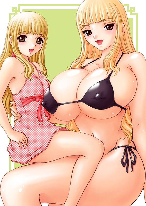 carameldow, 1boy, 1girl, bare shoulders, bikini, blonde hair, blush, breasts, brown eyes, cleavage, huge breasts, long hair, micro bikini, siblings, side-tie bikini bottom, sisters, size difference, swimsuit, trap, twins