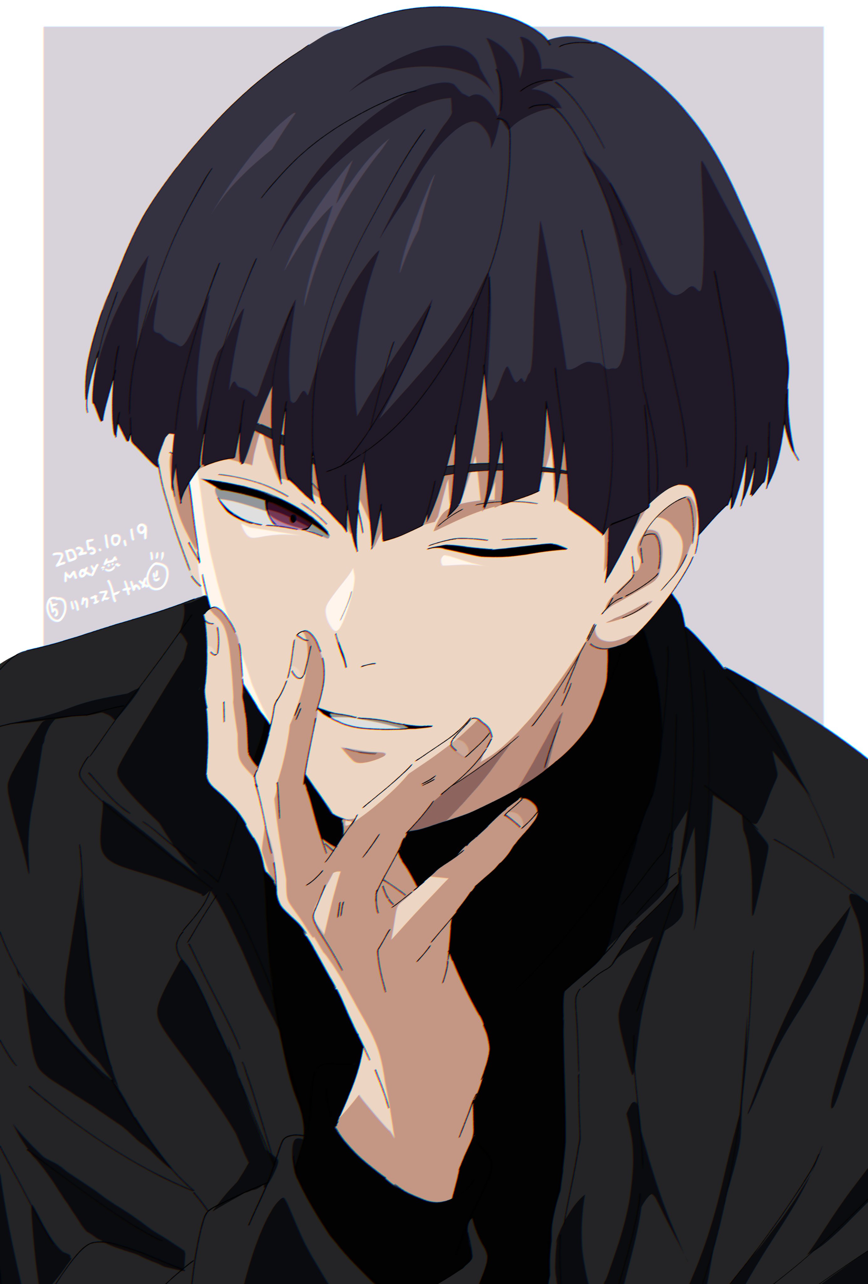 may (illust man 2020), hoshina soshiro, kaijuu no. 8, absurdres, commentary request, highres, 1boy, artist name, black hair, dated, fingernails, male focus, one eye closed, parted lips, purple eyes, short hair, solo, teeth, unusually open eyes, upper body