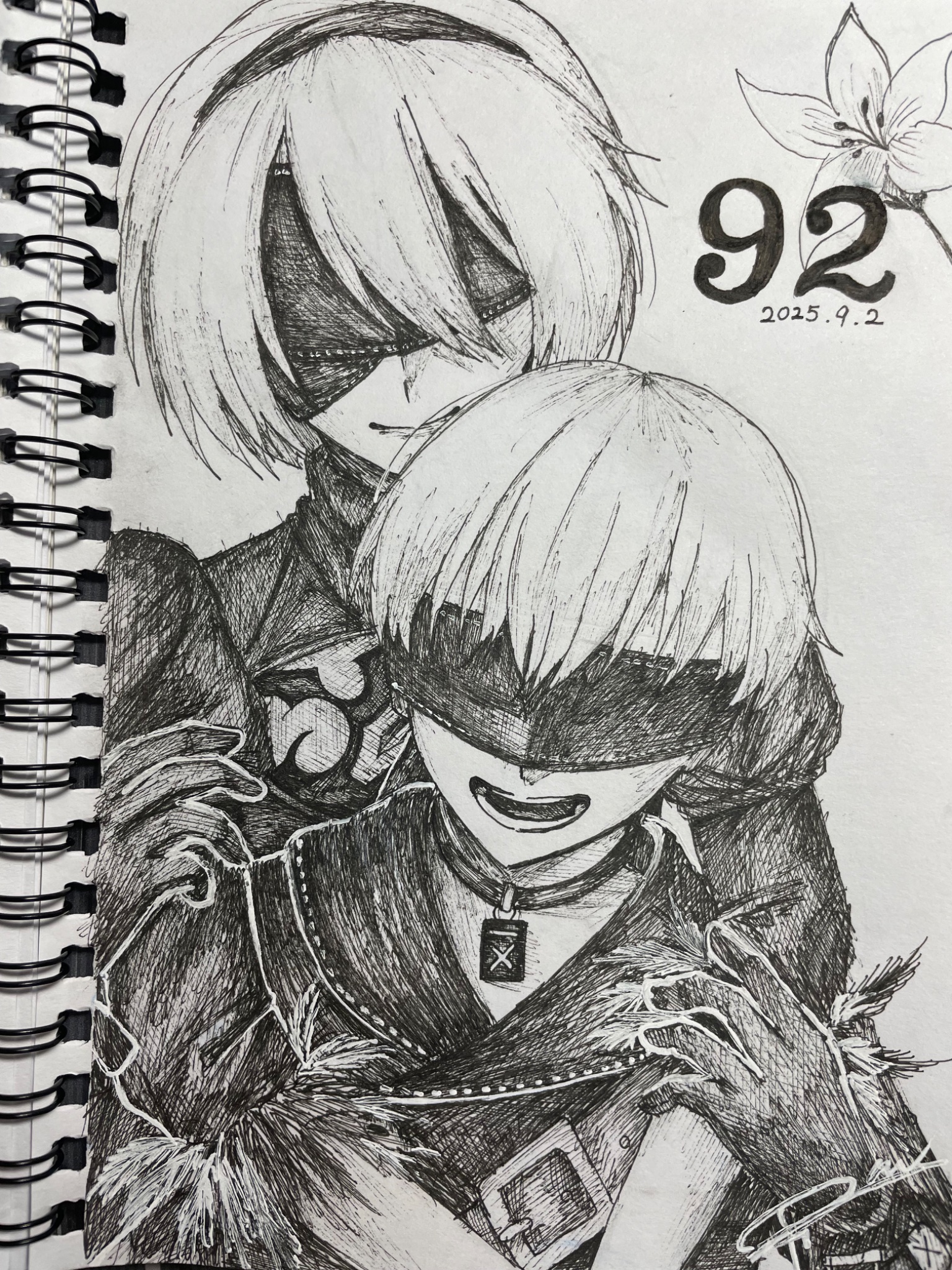 2b (nier:automata), 9s (nier:automata), nier:automata, nier (series), commentary request, graphite (medium), highres, photo (medium), traditional media, 1boy, 1girl, blindfold, closed mouth, collar, dated, facing viewer, flower, greyscale, hairband, hug, hug from behind, jacket, monochrome, ram 55448, short hair, smile, white hair