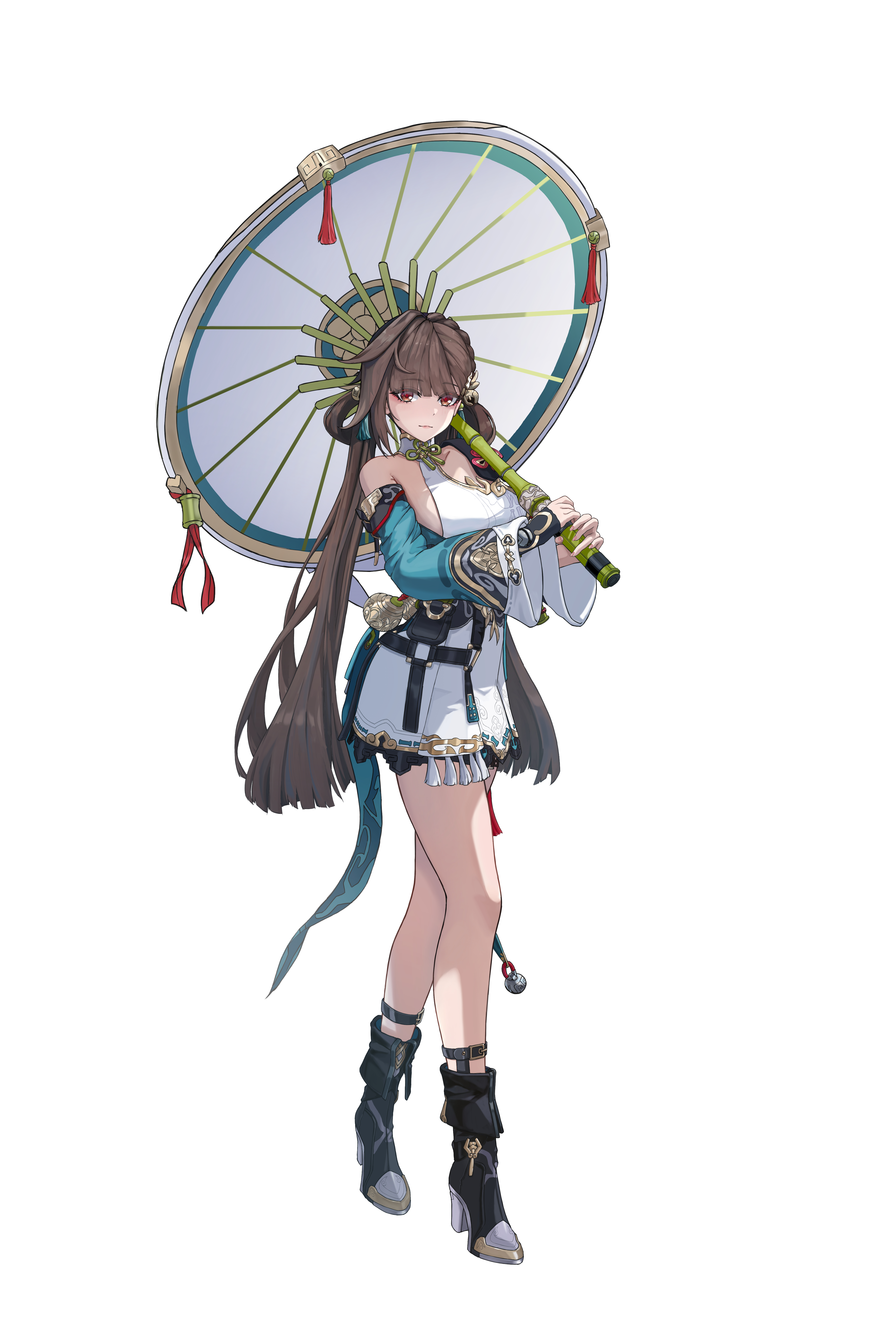 kabuto tong, li sushang, li sushang (peregrine sword), honkai (series), honkai impact 3rd, absurdres, highres, 1girl, bamboo, boots, breasts, brown eyes, brown hair, closed mouth, dress, hair ornament, high heel boots, high heels, holding, holding umbrella, large breasts, light smile, long hair, long sleeves, looking at viewer, orange eyes, red pupils, sideboob, simple background, solo, twintails, umbrella, very long hair, white background, white dress