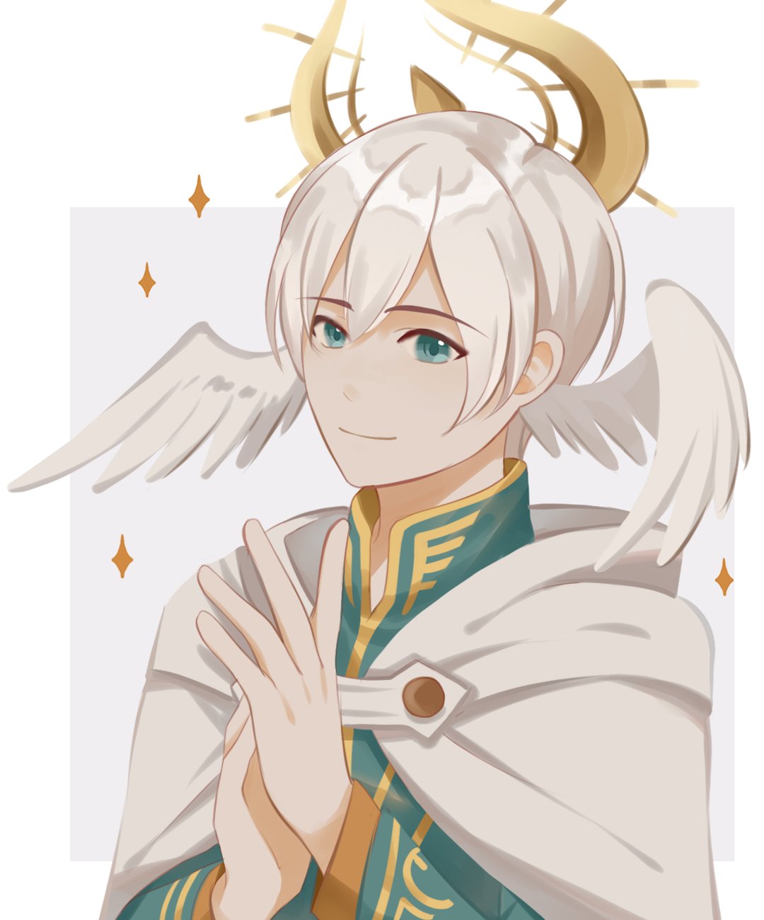 fuwafuwallen, temenos mistral, octopath traveler, octopath traveler ii, commentary, commission, english commentary, highres, 1boy, cape, double-parted bangs, green eyes, hair between eyes, head wings, male focus, own hands together, short hair, solo, upper body, white background, white cape, white hair, wings