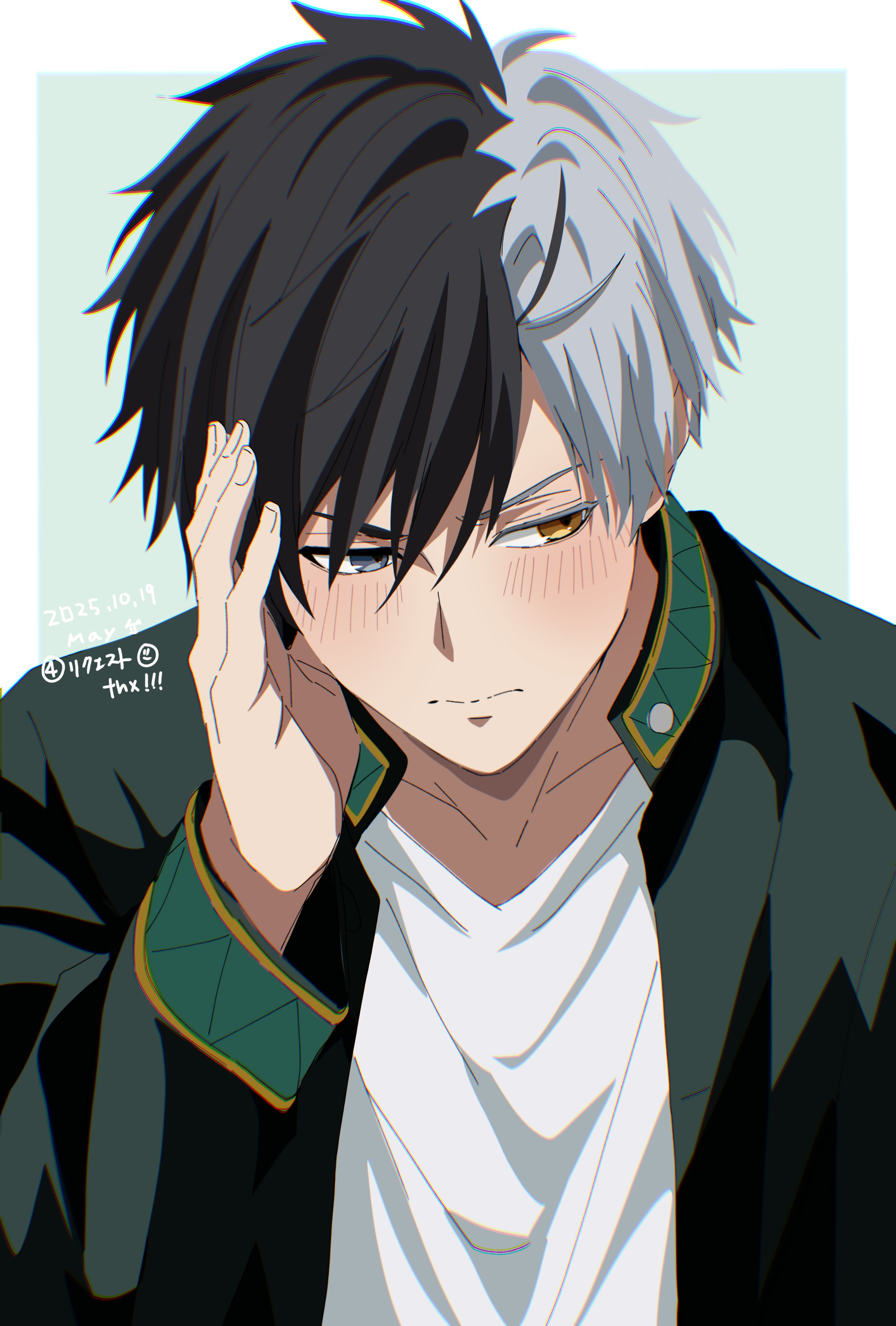may (illust man 2020), sakura haruka (wind breaker), wind breaker (nii satoru), absurdres, highres, 1boy, artist name, black hair, blue eyes, blush, closed mouth, dated, green jacket, heterochromia, jacket, male focus, multicolored hair, open clothes, open jacket, shirt, short hair, solo, split-color hair, two-tone hair, upper body, white hair, white shirt, yellow eyes