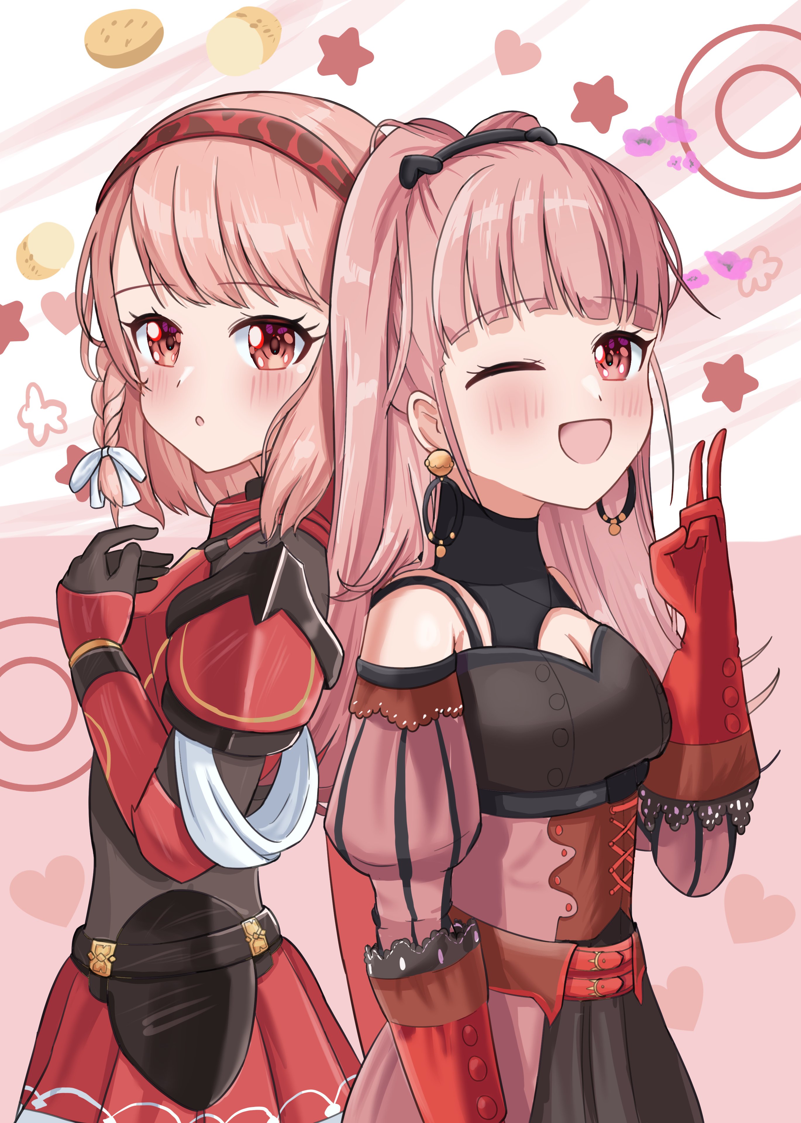 tokuh (toku h ), hilda valentine goneril, hilda valentine goneril (timeskip), lapis (fire emblem), fire emblem, fire emblem: three houses, fire emblem engage, nintendo, absurdres, highres, 2girls, armor, blunt bangs, braid, breasts, cleavage, crown braid, earrings, grey hairband, hair ribbon, hairband, hoop earrings, jewelry, long hair, looking at viewer, medium breasts, multiple girls, pink eyes, pink hair, red armor, ribbon, side braid, twintails, two-tone hairband, white ribbon