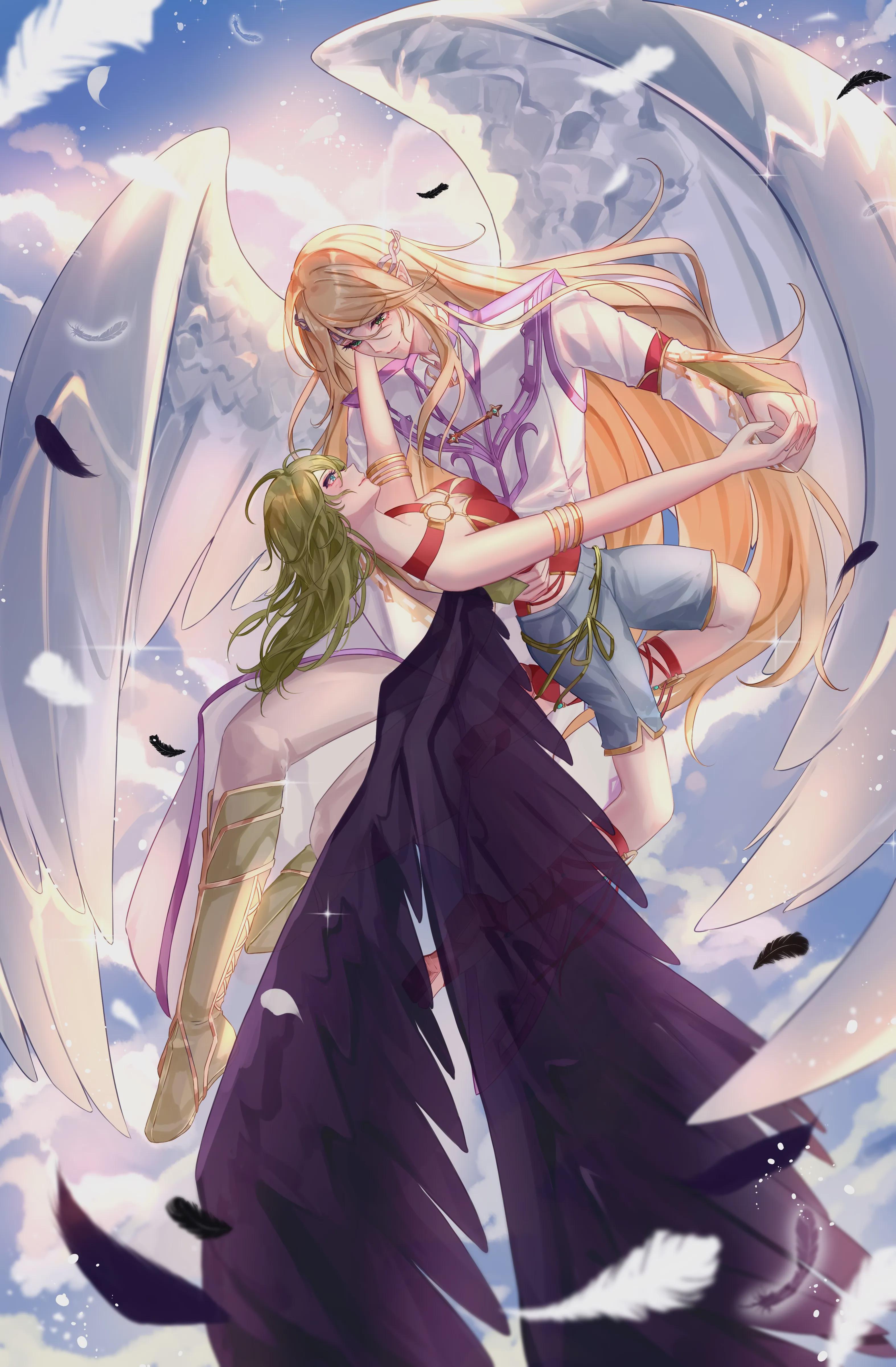 abyss of alyss, reyson (fire emblem), vika (fire emblem), fire emblem, fire emblem: path of radiance, fire emblem: radiant dawn, nintendo, absurdres, commission, highres, 1boy, 1girl, angel wings, armlet, bird, bird girl, bird wings, black wings, blonde hair, blue eyes, blush, boots, breasts, circlet, cleavage, feathered wings, feathers, flying, green eyes, green hair, headband, heron, holding another's waist, holding hands, jewelry, long hair, looking at another, o-ring, o-ring top, open-toe boots, purple trim, sky, small breasts, smile, sparkle, white wings, wings