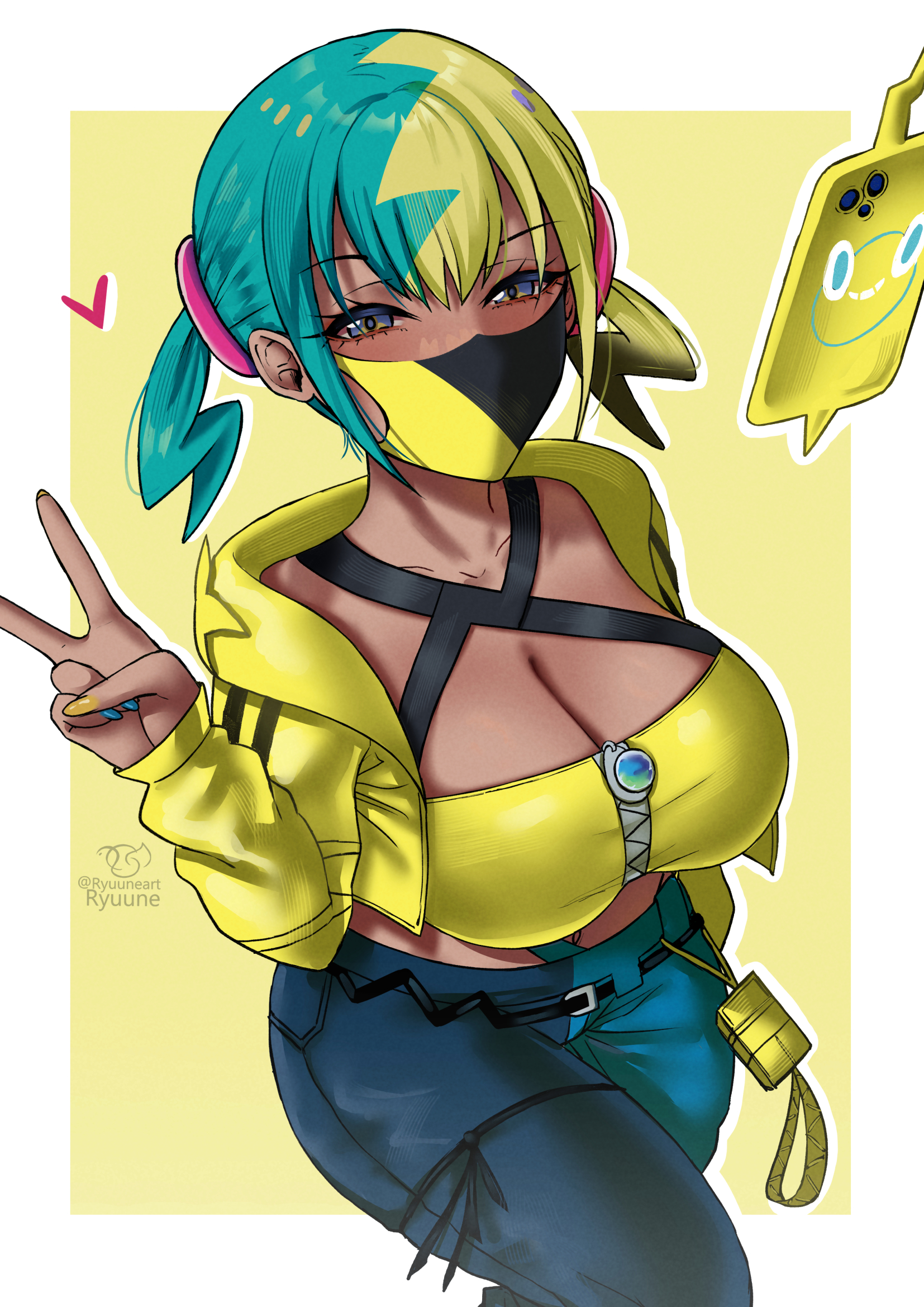 ryuuneart, canari (pokemon), rotom, rotom phone, nintendo, pokemon, pokemon legends: z-a, highres, 1girl, aqua hair, bandeau, black mask, black pants, blonde hair, blue pants, blush, breasts, cleavage, collarbone, criss-cross halter, crop top, gen 4 pokemon, halterneck, heart, jacket, large breasts, looking at viewer, mask, midriff, mouth mask, multicolored hair, navel, open clothes, open jacket, pants, pokemon (creature), split-color hair, stomach, twintails, two-tone hair, two-tone mask, v, yellow bandeau, yellow jacket, yellow mask