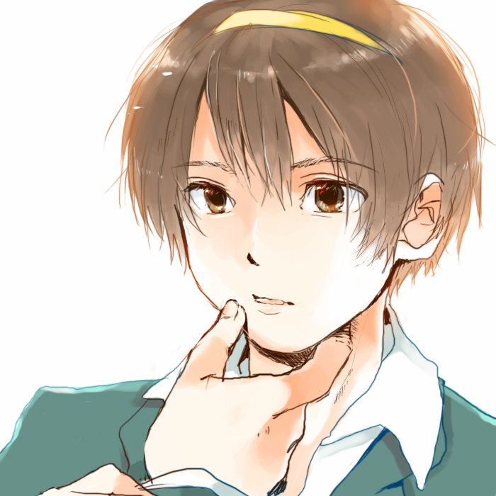 yoshioka mitsuko, suzumiya haruhiko, suzumiya haruhi no yuuutsu, suzumiya haruhiko no yuuutsu, 00s, 1boy, brown eyes, brown hair, genderswap, genderswap (ftm), hairband, male focus, short hair, solo