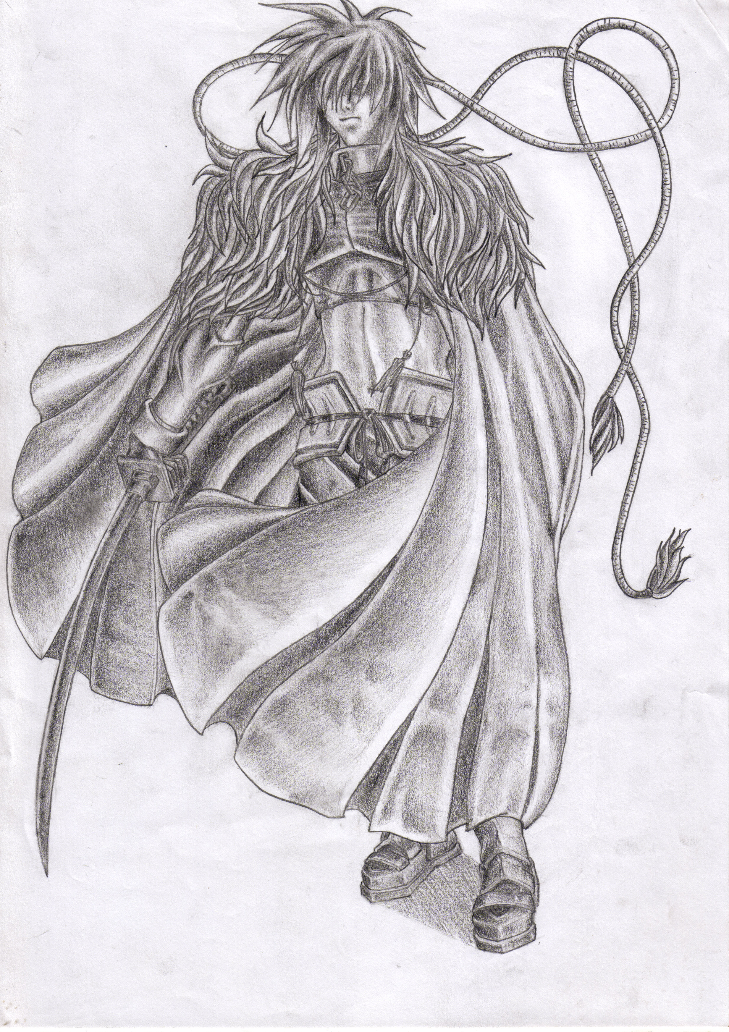 albel nox, star ocean, star ocean: till the end of time, absurdres, highres, traditional media, claws, katana, long hair, male focus, manteau, solo, sword, weapon