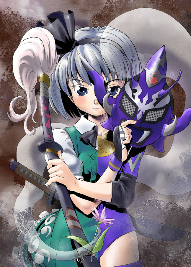 uirou (uirou1), konpaku youmu, konpaku youmu (ghost), touhou, 1girl, female focus, hitodama, katana, mask, solo, sword, weapon