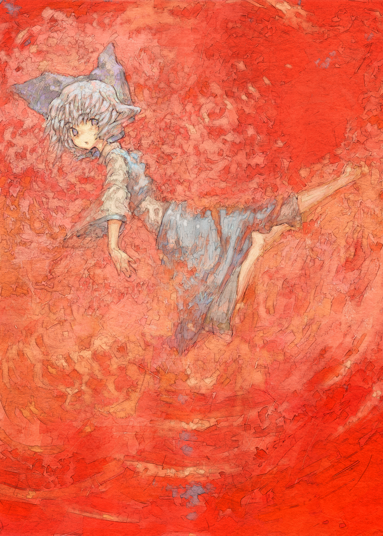 chomoran, cirno, embodiment of scarlet devil, touhou, bad id, bad pixiv id, highres, 1girl, barefoot, blue eyes, blue hair, bow, dress, female focus, hair bow, matching hair/eyes, solo