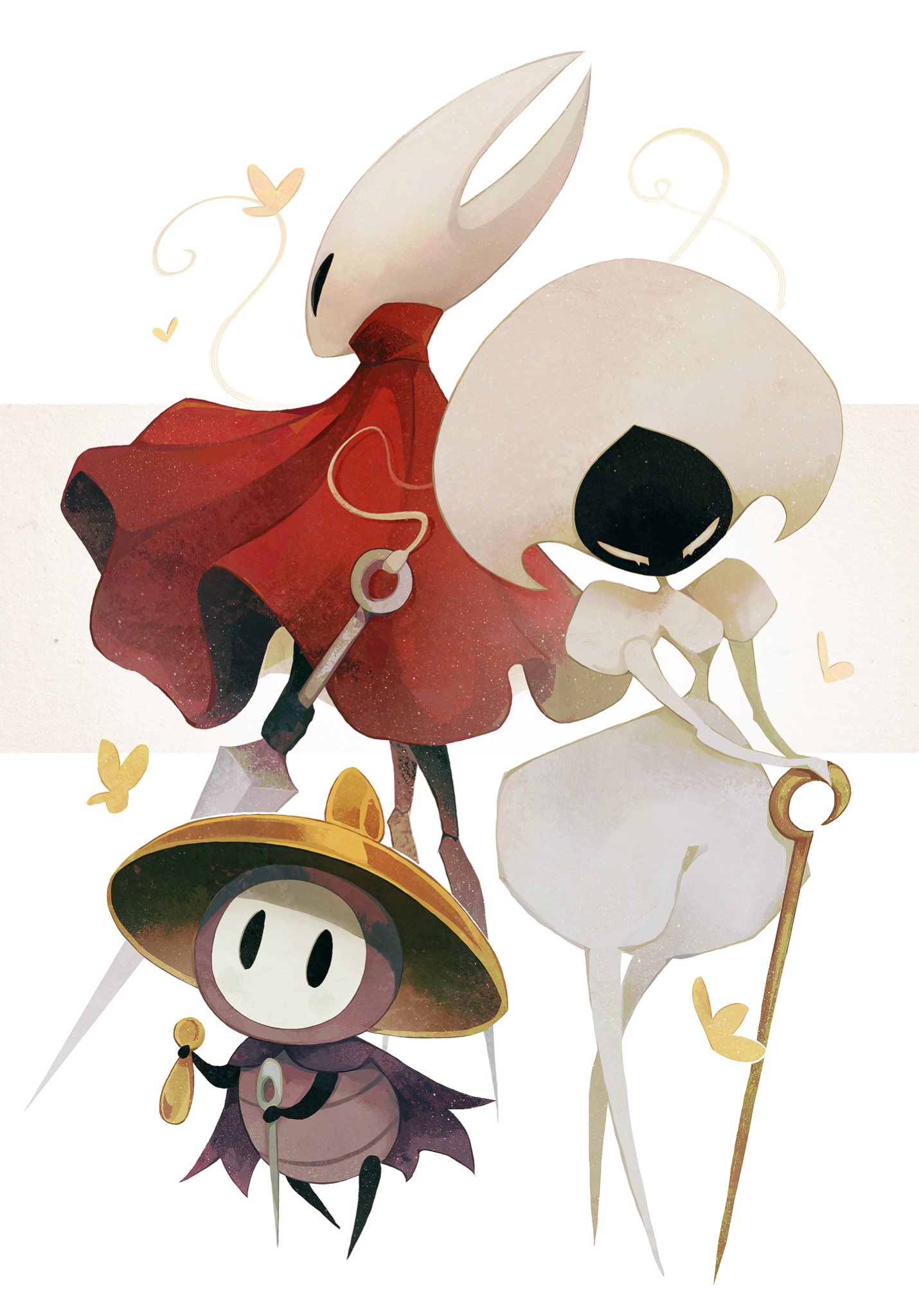 salamitown, hornet (hollow knight), lace (hollow knight), sherma (hollow knight), hollow knight, hollow knight: silksong, commentary, english commentary, highres, 1boy, 2girls, black eyes, bug, butterfly, cloak, colored skin, hat, holding, holding weapon, hollow eyes, horns, insect, multiple girls, needle, needle (hollow knight), pin (hollow knight), red cloak, sewing needle, standing, weapon, white background, white skin, yellow butterfly
