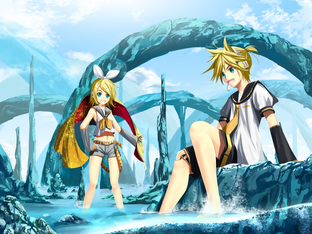kouji (astral reverie), nero (pixiv# 28115), kagamine len, kagamine rin, vocaloid, 1boy, 1girl, blonde hair, blue eyes, brother and sister, detached sleeves, hair ornament, hairclip, headphones, midriff, ribbon, shorts, siblings, sitting, soaking feet, twins, water